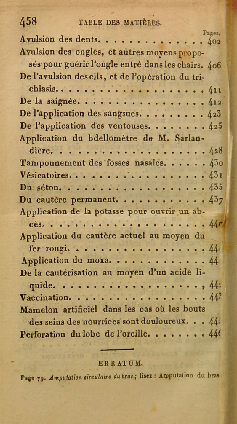 Pages. Avulsion des dents ^02 Avulsion des ongles, et autres moyens propo- sés pour guérir l’ongle entré dans les chairs. 406 De l’avulsion des cils, et de l’opération du tri- chiasis De la saignée 412 De l’application des sangsues 42^ De l’application des ventouses 42$ Application du bdellomètre de M. Sarlan- dière. !\ 28 Tamponnement des fosses nasales 4^° Vésicatoires ' 4^i Du séton 4^5 Du cautère permanent 4^7 Application de la potasse pour ouvrir un ab- cès 44(*< Application du cautère actuel au moyen du fer rougi 44 Application du moxa 44 De la cautérisation au moyen d’un acide li- quide 44i Vaccination 44> Mamelon artificiel dans les cas où les bouts des seins des nourrices sont douloureux. . . 44' Perforation du lobe de l’oreille 44^ E R R AT D M. ( ; Page 79. Amputation 6irculaive du bras ,* lisez: Arjjpulalion du bras