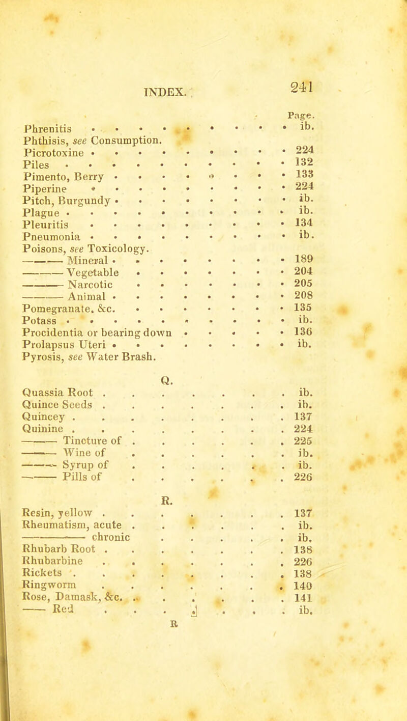 Page. Phrenitis i° Phthisis, see Consumption. Picrotoxine 224 Piles 132 Pimento, Berry » . . • 133 Piperine 224 Pitch, Burgundy >b- Plague ib- Pleuritis 134 Pneumonia 10 • Poisons, see Toxicology. Mineral 189 Vegetable 204 Narcotic 205 Animal 208 Pomegranate. &c. 135 Potass ib. Procidentia or bearing down 13G Prolapsus Uteri • • ib. Pyrosis, see Water Brash. Q. Quassia Root ....... ib. Quince Seeds ....... ib. Quincey 137 Quinine ........ 224 Tincture of 225 ■ Wine of ...... ib. — Syrup of . . . . . ib. Pills of 226 R. Resin, yellow ....... 137 Rheumatism, acute . * . . ib. ■ chronic ib. Rhubarb Root . . . . . . .138 Rhubarbine ....... 226 Rickets 138 Ringworm ....... 140 Rose, Damask, &c. . •' *• . . 141 Red . . • J . . . ib. a