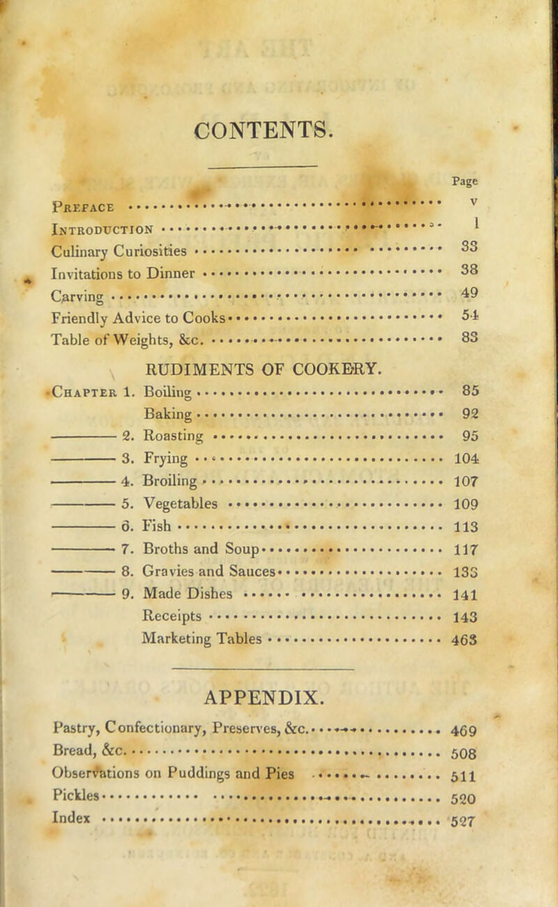 CONTENTS. Page Preface * '' Introduction 1 Culinary Curiosities Invitations to Dinner 38 Carving Friendly Advice to Cooks 34 Table of Weights, &c. 83 RUDIMENTS OF COOKERY. •Chapter 1. Boiling 85 Baking 92 2. Roasting 95 3. Frying • • 104 4. Broiling 107 5. Vegetables 109 6. Fish 113 7. Broths and Soup 117 8. Gravies and Sauces 133 9. Made Dishes 141 Receipts 143 Marketing Tables 463 APPENDIX. Pastry, Confectionary, Preserves, &c.- 459 Bread, &c. 508 Obser^tions on Puddings and Pies - 511 Pickles Index