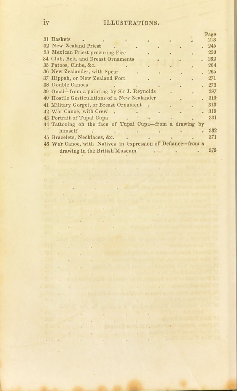 Page 31 Baskets . . .- . . .213 32 New Zealand Priest . . . . .245 33 Mexican Priest procuring Fire . . . 250 34 Club, Belt, and Breast Ornaments , . .262 35 Patoos, Clubs, &c. .... 264 36 New Zealander, with Spear . . . .265 37 Hippah, or New Zealand Fort . . .271 38 Double Canoes . . . . .273 39 Omai—from a painting by Sir J. Reynolds . . 287 40 Hostile Gesticulations of a New Zealander . . 310 41 Military Gorget, or Breast Ornament . . . 313 42 War Canoe, with Crew . . . . .319 43 Portrait of Tupai Cupa . . . .331 44 Tattooing oh the face of Tupai Cupa—from a drawing by himself .' . . . . .332 46 Bracelets, Necklaces, &c. . . . .371 46 War Canoe, with Natives in expression of Defiance—from a drawing in the BritishHuseum . . . 376