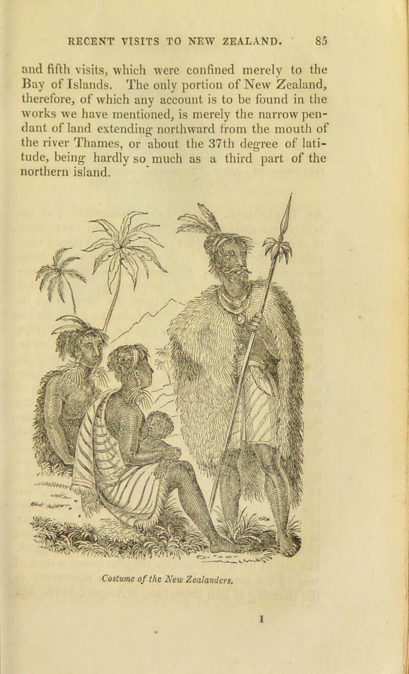 and fifth visits, which were confined merely to the Bay of Islands. The only portion of New Zealand, therefore, of which any account is to be found in the works we have mentioned, is merely the narrow pen- dant of land extending- northward from the mouth of the river Thames, or about the 37th degree of lati- tude, being hardly so_ much as a third part of the northern island. Costume of the New Zealandcrs. I