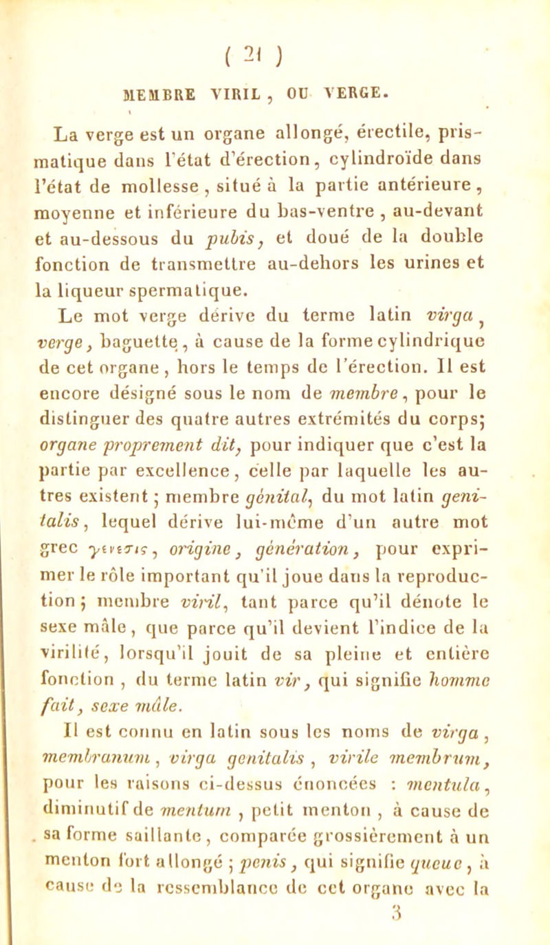 MEMBRE VIRIL, OC VERGE. La verge est un organe allongé, érectile, pris- matique dans l’état d’érection, cylindroïde dans l’état de mollesse , situé à la partie antérieure , moyenne et inférieure du bas-ventre , au-devant et au-dessous du pubis, et doué de la double fonction de transmettre au-deliors les urines et la liqueur spermatique. Le mot verge dérive du terme latin virga verge, baguette, à cause de la forme cylindrique de cet organe, hors le temps de l’érection. Il est encore désigné sous le nom de membre, pour le distinguer des quatre autres extrémités du corps; organe proprement dit, pour indiquer que c’est la partie par excellence, celle par laquelle les au- tres existent ; membre génital, du mot latin geni- ialis, lequel dérive lui-meme d’un autre mot grec yuinç, origine, génération, pour expri- mer le rôle important qu’il joue daus la reproduc- tion ; membre viril, tant parce qu’il dénote le sexe mâle, que parce qu’il devient l’indice de la virilité, lorsqu’il jouit de sa pleine et entière fonction , du terme latin vir, qui signifie homme fait, sexe mâle. Il est connu en latin sous les noms de virga , memhranum , virga genitalis , virile membrum, pour les raisons ci-dessus énoncées : mentula, diminutif de menlurn , petit menton , à cause de . sa forme saillante , comparée grossièrement à un menton fort allongé ; pénis, qui signifie queue, à cause de la ressemblance de cet organe avec la 3