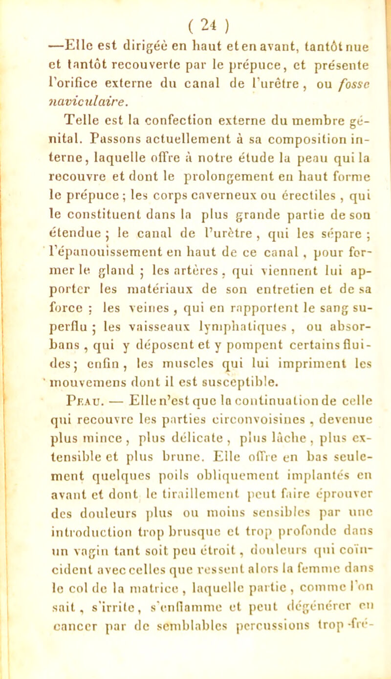 —Elle est dirigée en haut et en avant, tantôt nue et tantôt recouverte par le prépuce, et présente l’orifice externe du canal de l’urètre , ou fosse naviculaire. Telle est la confection externe du membre gé- nital. Passons actuellement à sa composition in- terne, laquelle offre à notre étude la peau qui la recouvre et dont le prolongement en haut forme le prépuce ; les corps caverneux ou érectiles , qui le constituent dans la plus grande partie de son étendue ; le canal de l’urètre , qui les sépare ; l’épanouissement en haut de ce canal, pour for- mer le gland ; les artères . qui viennent lui ap- porter les matériaux de son entretien et de sa force ; les veines , qui en rapportent le sang su- perflu ; les vaisseaux lymphatiques , ou absor- bons , qui y déposent et y pompent certains flui- des; enfin, les muscles qui lui impriment les mouvemens dont il est susceptible. Pr.AU. — Elle n’est que la continuation de celle qui recouvre les parties eirconvoisines , devenue plus mince, plus délicate , plus lâche , plus ex- tensible et plus brune. Elle offre en bas seule- ment quelques poils obliquement implantés en avant et dont le tiraillement peut faire éprouver des douleurs plus ou moins sensibles par une introduction trop brusque et trop profonde dans un vagin tant soit peu étroit, douleurs qui coïn- cident avec celles que ressent alors la femme dans le col de la matrice , laquelle partie , comme l'on sait, s'irrite, s'enflamme et peut dégénérer en cancer par de semblables percussions trop -fié-