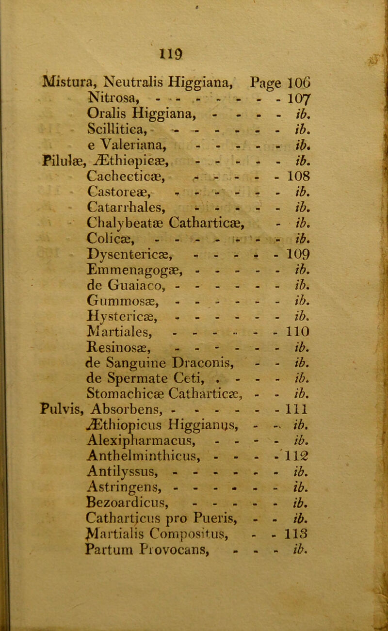 V « 119 Mistura, Neutralis Higgiana, Page 106 Nitrosa, - - - . 107 Oralis Higgiana, - - - - ih, Scillitica, - - ih, e Valeriana, - - - - - ib* Pilulae, -iEthiopiese, - . - - - - ib. Cachecticae, - 108 Gastoreae, f - - - - ib. Catarrh ales, . ~ - ib, - Chalybeatae Catharticae, - ib, Colicae, - - - - - - - ib, Dysentericae, - - - - - 109 Einmenagogae, ib, de Giiaiaco, ib, Gummosas, ib, Hystericae, ib. Martiales, 110 Resinosae, de Sanguine Draconis, - - ib. de Spermate Ceti, . - - - ib. Stomachic® Catharticae, - - ib, Pulvis, Absorbens, Ill ^thiopicus Higgianqs, - -v ib, Alexipharmacus, - - - - ib. Anthelminthicus, - - - -112 Antilyssus, ib. Astringens, ib. Bezoardicus, ib. Cathartjcus pro Pueris, - - ib, partialis Compositus, - - 113 Partum Piovocans, - - - ib.