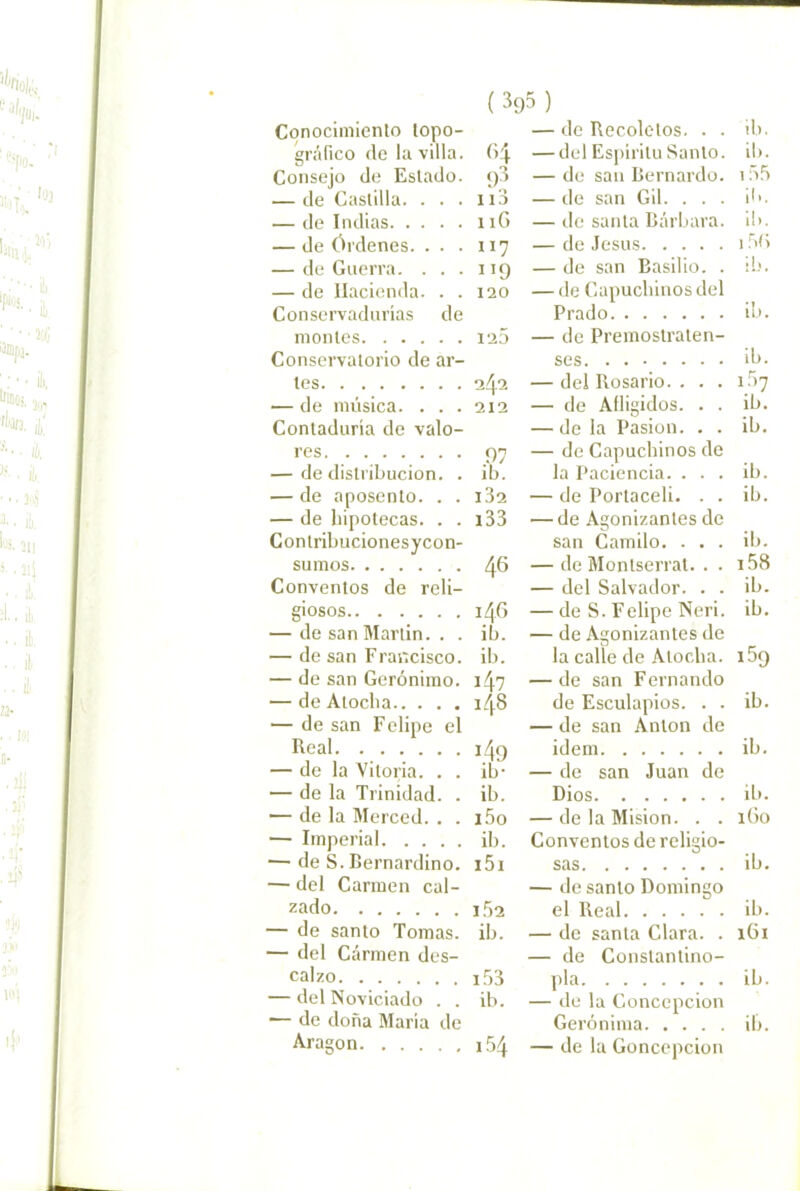 Conocimiento topo- gráfico fie la villa. Consejo de Estado. — de Castilla. . . . — de Indias — de ('trdenes. . . . — de Guerra. . . . — de Hacienda. . . Conservadurias de montes Conservatorio de ar- tes — de música. . . . Contaduría de valo- res — de distribución. . — de aposento. . . — de hipotecas. . . Contribucionesycon- sumos Conventos de reli- giosos — de san Martin. . . — de san Francisco, ib. — de san Gerónimo. i4? — de Atocha — de san Felipe el Real i4g — de la Vitoria. . . ib- — de la Trinidad. . ib. — de la Merced. . . i5o — Imperial ib. — de S. Bernardino. i5i — del Carmen cal- zado i52 — de santo Tomas, ib. — del Carmen des- calzo i53 — del Noviciado . . ib. — de doña Maria de Aragón i54 — de Recoletos. . . ib. — del Esj)iritu Santo. ib. — de san Bernardo. 1 r>5 — fie san Gil. . . . ib. — de santa Bárbara. ¡1.. de .lesus 1 .'7G — de san Basilio. . :!>. — de Capuchinos del Prado ÍI). — de Premostraten- ses ib. — del Rosario. . . . >37 — de Afligidos. . . ib. — de la Pasión. . . ib. — de Capuchinos de la Paciencia. . . . ib. — de Portaceli. . . ib. — de Agonizantes de san Camilo. . . . ib. — de Montserrat. . . i58 — del Salvador. . . ib. — de S. Felipe Neri. ib. — de Agonizantes de la calle de Atocha. 169 —de san Fernando de Esculapios. . . ib. — de san Antón de Ídem ib. — de san Juan de Dios ib. — de la Misión. . . iGo Conventos de religio- sas ib. — de santo Domingo el Real ib. — de santa Clara. . 161 — de Constantino- pía ib. — do la Concepción Gerónima ib. — de la Goncepcion ( 3c)5 ) G4 1)3 lio iiG U7 119 120 120 242 212 97 ib. 132 133 46 14G ib.