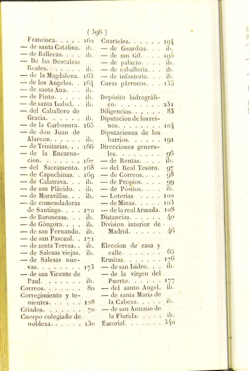 ( ) Francisca ifo — «le santa Catalina, ili. — de Ballccas. ... ib. — De las Descalzas Reales. ib. — de la Magdalena. — de los Angeles. . 1G4 — de santa Ana. . . ib. — de Pinto ib. — de santa Isabel. . ib. — del Caballero de Gracia ib. — de la Carbonera. i65 — de don Juan de Alarcon ib. — de Trinitarias. . . i66 — de la Encarna- ción 1R7 — del Sacramento. 1R8 — de Capuchinas. . 1G9 — de Calatrava. . . ib. — de san Plácido. . ib. — de Maravillas. . . ib. ■— de comendadoras de Santiago. . . . 170 — de Baronesas. . . ib. — de Góngora. ... ib. — de san Fernando, ib. — de san Pascual. . 171 — de santa Teresa. . ib. — de Salesas viejas, ib. — de Salesas nue- vas 173 — de san Vicente de Paul ib. Correos 80 Corregimiento y te- nientes Iti8 Criados. 70 Cuerpo colegiado de )iobleza i3o Cuarteles 19^ — de Guardias. . . il>. — de san Gil. . . . i()f> — de palacio. . . . ib. — de caballeria. . . ib. — de infanteria. . . ib. Curas párrocos. . . i35 Depósito hidrográli- co u3i Diligencias 83 Diputación de los rei- nos 104 Diputaciones de los hamos 191 Direcciones genera- les 9G — de Rentas. . . . ib. — del Real Tesoro. 97 — de Correos. ... 98 — de Propios. ... ‘)9 — de Pósitos. ... ib. — Loterías .... 100 — de Minas io3 — de la real Armada. 108 Distancias 4^ División interior de > Madrid 4b Elección de casa y calle Ermitas 17b — de san Isidro. . . ib- — de la virgen del Puerto 177 — del santo Angel, ib. — de santa Maria de la Cabeza ib. — de san Antonio de la Florida Jb. Escorial 84'^