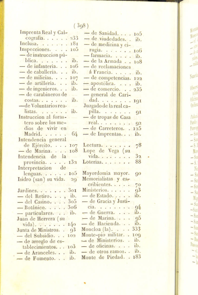 Imprenta Real y Cal- cogral'ía 9.33 Inclusa i8i Inspecciones. . . . io5 — de instrucción pú- blica ib. — de infanteria. . . loG — de caballería. . . ib. — de milicias. ... 107 — de artillería. . . ib. — de ingenieros. . . ib. — de carabineros de costas ib. —de Voluntarios rea- listas ib. Instrucción al foras- tero sobre los me- dios de vivir en Madrid 64 Intendencia general de Ejército. ... 107 — de Marina. . . . io8 Intendencia de la provincia i32 Interpretación de lenguas io5 Isidro (san) su vida. 29 Jardines 3oi — del Retiro. . . , ib. — del Casino. . . . 3o5 — Botánico 3o6 — particulares. . . ib. Juan de Herrera (su vida) 140 Junta de Ministros. . 93 — del Subsidio. . . 102 — de arreglo de es- tablecimientos. . . io3 — de Aranceles. . . ib. — de Fomento. . . ib. — de Sanidad. . . . io5 — de viudedades. . ¡I). — de medicina y ci- rugía 106 — farmacia ib, — de la Armada . . 108 — de reclamaciones á Francia ib. — de competencias. 122 — apostólica. ... ib. — de comercio. . . 235 — general de Cari- dad igi Juzgado de la real ca- pilla gi — de tropas de Gasa real g2 — de Carreteros. . 125 — de Imprentas. . . ib. Lectura 78 Lope de Vega (su vida 32 Loterías. 88 Mayordomía mayor. 90 Memorialistas y esr cribientes 70 Ministerios g3 — de Estado ib. — de Gracia y Justi- cia 94 — de Guerra. ... ib. — de Marina. ... g5 — de Hacienda. . . ib, Moncloa (la). . . . 333 Monte-pio militar. . 109 ^ de Ministerios. . ib. — de oficinas. ... ib. — de otros ramos. . ib. Monte de Piedad. . i83