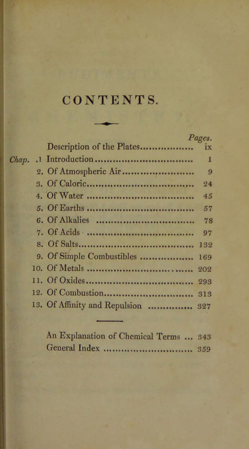 CONTENTS Pages. Description of the Plates ix Chap. .1 Introduction 1 2. Of Atmospheric Air 9 3. Of Caloric 24 4. Of Water 45 5. Of Earths 57 6. Of Alkalies 78 7. Of Acids 97 8. Of Salts 132 9. Of Simple Combustibles 169 10. Of Metals 202 11. Of Oxides 293 12. Of Combustion 313 13. Of Affinity and Repulsion 327 An Explanation of Chemical Terms ... 343 General Index 359