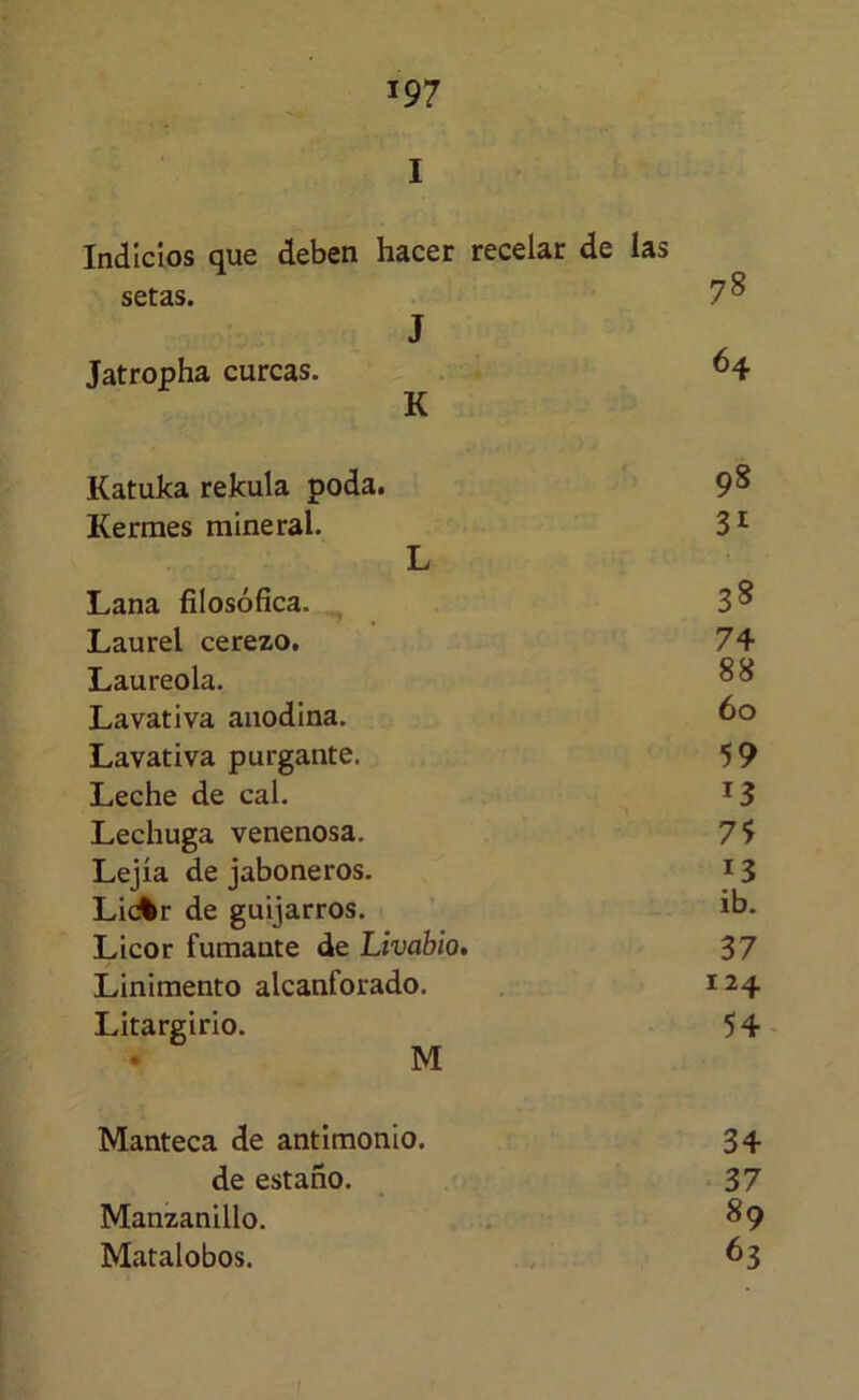 I Indicios que deben hacer recelar de las setas. 7^ J Jatropha curcas. ^4 K Katuka rekula poda. 9^ Kermes mineral. 3^ L Lana filosófica. ^ 3^ Laurel cerezo, 74 Laureola. Lavativa anodina. 6o Lavativa purgante. 59 Leche de cal. ^3 Lechuga venenosa. 7 $ Lejía de jaboneros. 13 LiíAr de guijarros. ib. Licor fumante de Livabio, 37 Linimento alcanforado, 124 Litargirio. 5 4 M Manteca de antimonio. 34 de estaño. 37 Manzanillo. . 89 Matalobos. 63