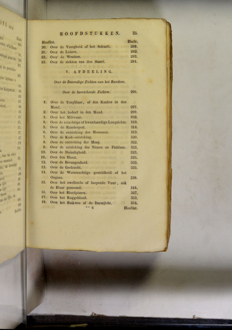 HOOFDSTUKKE N. 35 Hoofdst. Bladz. 20. Over de Vurigheid of het Schurft. 289. ï 21. Over de Luizen. 292. 22. Over de Wratten. 293. f 23. Over de ziekten van den Staart. 294. i V. AFDEELING. \ ) ] Over de Inwendige Ziekten van het Rundvee. I Over de heerschende Ziekten. 296. 1. Over de Tongblaar, of den Kanker in den Mond. 297. 2. Over het bederf in den Mond. 299. 3. Over bet Miltvuur. 302. Over de rotachtige of kwaadaardige Longziekte. 310. 5. Over de Runderpest. 314. 6. Over de ontsteking der Hersenen. 319. 7. Over de Keel-ontsteking. 320. 8. Over de ontsteking der Maag. 322. 9. Over de ontsteking der Nieren en Pisblaas. 323. 10. Over de Duizeligheid. 323. 11. Over den Hoest. 325. ■ 12. Over de Bevangenheid. 333. p 13. Over de Geelzucht. 335. I 14. Over de Waterzuchtige gesteldheid of het M Ongans. 338. 15. Over het zwellende of loopende Vuur, ook I , de Blaar genoemd. 344. i 16. Over het Bloedpissen. , 347. ! 17. Over het Ruggebloed. 353. ■ 18. Over het Buikwee of de Darmjicht. 354. ** 6 Hoofdst. 1