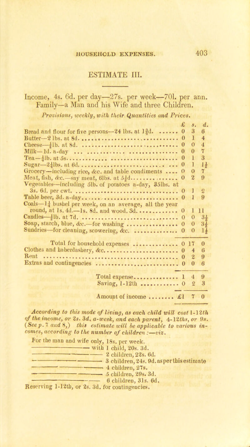 ESTIMATE III. Income, 4s. 6d. per day—27s. per week—701. per ann. Family—a Man and his Wife and three Children. Provisions, weekly, with their Quantities and Prices. £ s. d. Bread and flour for five persons—24 lbs. at 1 §d 0 3 6 Butter—2 lbs. at 8d 0 14 Cheese—£lb. at 8d 0 0 4 Milk—Id. a-day 0 0 7 Tea—^lb. at 5s 0 1 3 Sugar—2^1bs. at fid 0 1 1| Grocery—including rice, <fcc. and table condiments 0 0 7 Meat, fish, &c.—say meat, 61bs. at 5£d 0 2 9 Vegetables—including 51b. of potatoes a-day, 351bs. at 3s. 6d. per cwt 0 1 2 Table beer, 3d. a-day 0 19 Coals—1 j bushel per week, on an average, all the year round, at Is. 4d.—Is. 8d. and wood. 3d 0 1 11 Candles—^lb. at 7d 0 0 3£ Soap, starch, blue, <fec.—for washing 0 0 31- Sundries—for cleaning, scowering, <fcc 0 0 1| Total for household expenses 0 17 0 Clothes and haberdashery, &c 0 4 6 Rent 0 2 9 Extras and contingencies 0 0 6 Total expense 14 9 Saving, 1 -12th 0 2 3 Amount of income £1 7 0 According to this mode of living, as each child will cost 1-12M of the income, or 2s. 3d. a-wesk, and each parent, 4-12Ms, or 9s. (Seep. 7 and 8,) this estimate will be applicable to various in- comes, according to the number of children :—viz. For the man and wife only, 18s. per week. — with 1 child, 20s. 3d. 2 children, 22s. 6d. 3 children, 24s. Od.asperthisestimate 4 children, 27s. 5 children, 29s. 3d. — 6 children, 31s. 6d. Reserving l-12tb, or 2s. 3d. for contingencies.