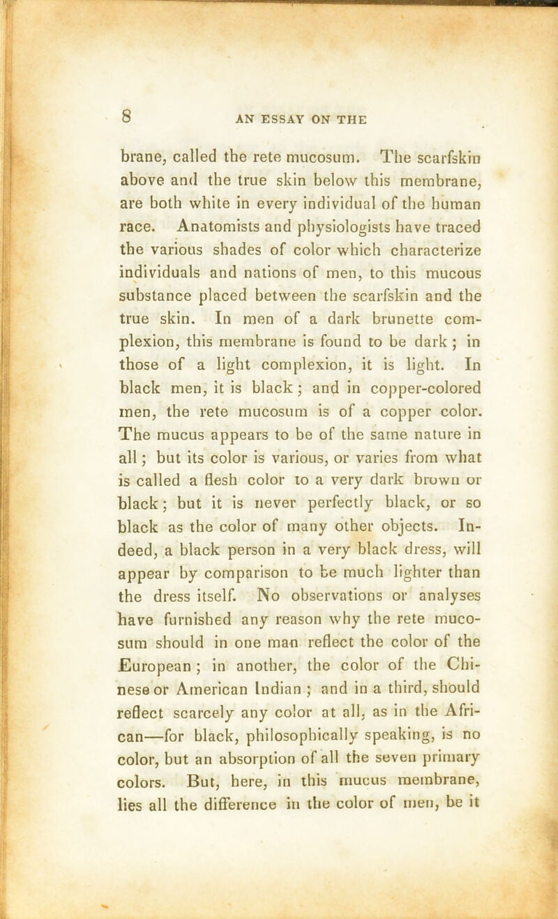brane, called the rete mucosum. The scarfskin above and the true skin below this membrane, are both white in every individual of the human race. Anatomists and physiologists have traced the various shades of color which characterize individuals and nations of men, to this mucous substance placed between the scarfskin and the true skin. In men of a dark brunette com- plexion, this membrane is found to be dark ; in those of a light complexion, it is light. In black men, it is black ; and in copper-colored men, the rete mucosum is of a copper color. The mucus appears to be of the same nature in all; but its color is various, or varies from what is called a flesh color to a very dark brown or black; but it is never perfectly black, or so black as the color of many other objects. In- deed, a black person in a very black dress, will appear by comparison to be much lighter than the dress itself. No observations or analyses have furnished any reason why the rete muco- sum should in one man reflect the color of the European ; in another, the color of the Chi- nese or American Indian ; and in a third, should reflect scarcely any color at all, as in the Afri- can—for black, philosophically speaking, is no color, but an absorption of all the seven primary colors. But, here, in this mucus membrane, lies all the difference in the color of men, be it