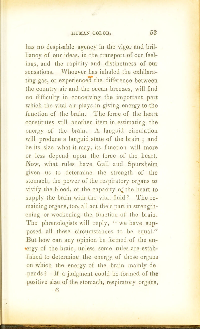 has no despisable agency in the vigor and bril- liancy of our ideas, in the transport of our feel- ings, and the rapidity and distinctness of our sensations. Whoever has inhaled the exhilara- ting gas, or experienced the difference between the country air and the ocean breezes, will find no difficulty in conceiving the important part which the vital air plays in giving energy to the function of the brain. The force of the heart constitutes still another item in estimating the energy of the brain. A languid circulation will produce a languid state of the brain ; and be its size what it may, its function will more or less depend upon the force of the heart. Now, what rules have Gall and Spurzheirn given us to determine the strength of the stomach, the power of the respiratory organs to vivify the blood, or the capacity o£ the heart to supply the brain with the vital fluid 1 The re- maining organs, too, all act their part in strength- ening or weakening the function of the brain. The phrenologists will reply, “ we have sup- posed all these circumstances to be equal.” But how can any opinion be formed of the en- ergy of the brain, unless some rules are estab- lished to determine the energy of those organs on which the energy of the brain mainly do pends ? If a judgment could be formed of the positive size of the stomach, respiratory organs, 6