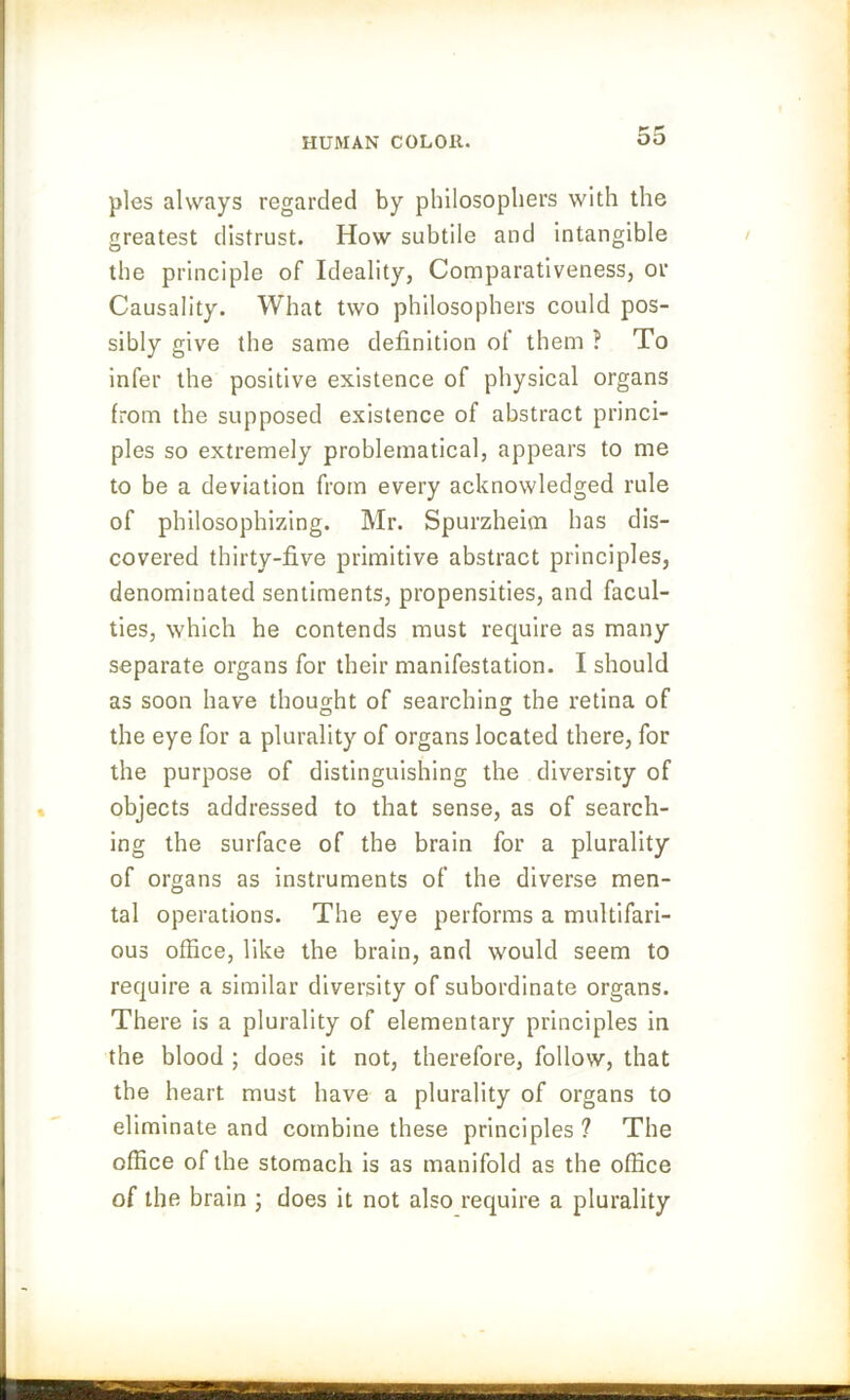 pies always regarded by philosophers with the greatest distrust. How subtile and intangible the principle of Ideality, Comparativeness, or Causality. What two philosophers could pos- sibly give the same definition of them ? To infer the positive existence of physical organs from the supposed existence of abstract princi- ples so extremely problematical, appears to me to be a deviation from every acknowledged rule of philosophizing. Mr. Spurzheim has dis- covered thirty-five primitive abstract principles, denominated sentiments, propensities, and facul- ties, which he contends must require as many separate organs for their manifestation. I should as soon have thought of searching the retina of the eye for a plurality of organs located there, for the purpose of distinguishing the diversity of objects addressed to that sense, as of search- ing the surface of the brain for a plurality of organs as instruments of the diverse men- tal operations. The eye performs a multifari- ous office, like the brain, and would seem to require a similar diversity of subordinate organs. There is a plurality of elementary principles in the blood ; does it not, therefore, follow, that the heart must have a plurality of organs to eliminate and combine these principles? The office of the stomach is as manifold as the office of the brain ; does it not also require a plurality Ill .MiltMI.III.I I ■ III.I...11.11.1.1111 — -