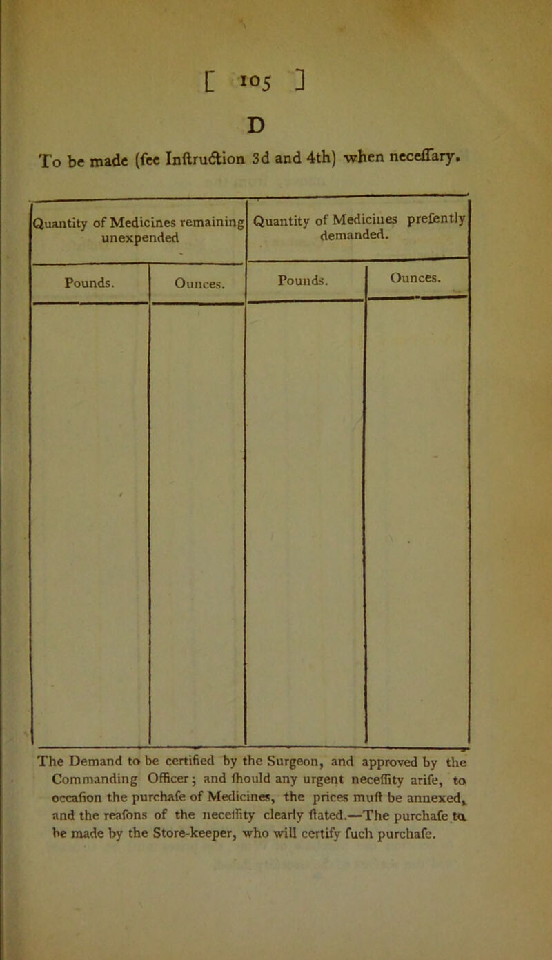 D To be made (fee Inftruftion 3d and 4th) when ncceflary. Quantity of Medicines remaining unexpended Quantity of Medicines preCently demanded. Pounds. Ounces. Pounds. Ounces. The Demand to be certified by the Surgeon, and approved by the Commanding Officer; and fhould any urgent neceffity arife, to occafion the purchafe of Medicines, the prices muft be annexed,, and the reafons of the neceffity clearly Hated.—The purchafe t<x be made by the Store-keeper, who will certify fuch purchafe.