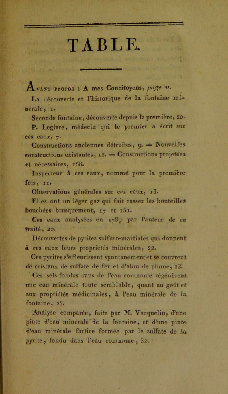 TABLE J^vART-PROPOS ; A mes Concitoyens, page v, La découverte et l’iiistorique de la fontaine mi- nérale , I. Seconde fontaine, déconverte depuis la première, 20. P. Legivre, médecin qni le premier a écrit suc ce» eaux, 7. Constructions anciennes détruites, 9. — Nouvelles constructions existantes, 12. — Constructions projetées et nécessaires, 168. Inspectcnr à ces eanx, nommé pour la première fois, ir> Observations générales sur ces eaux, r3. Elles ont un léger gaz qui fait casser les bouteilles bouchées biusquement, 17 et iSi. Ces eaux analysées en 1789 par l’auteur de ce traité-, 2r. Découvertes de pyrites sulfuro-martîales qni donnent à ces eanx leurs propriétés minérales, 22. Ces pyrites s’éffleurissent spontanément et se couvrent de cristaux de sulfate de fer et d’alun de plume, 23. Ces sels fondus dans de l’eau commune régénèrent nne eau minérale toute semblable, quant au goût et aux propriétés médicinales, à l’eau minérale de la. fontaine, 25. Analyse comparée, faite par M. Vauquelin, d’nno pinte d’eau minérale'de la fontaine, et d’une pinte d’eau minérale factice formée par le sulfate de la pyrite, foadu dans l’eau commnne, 32;