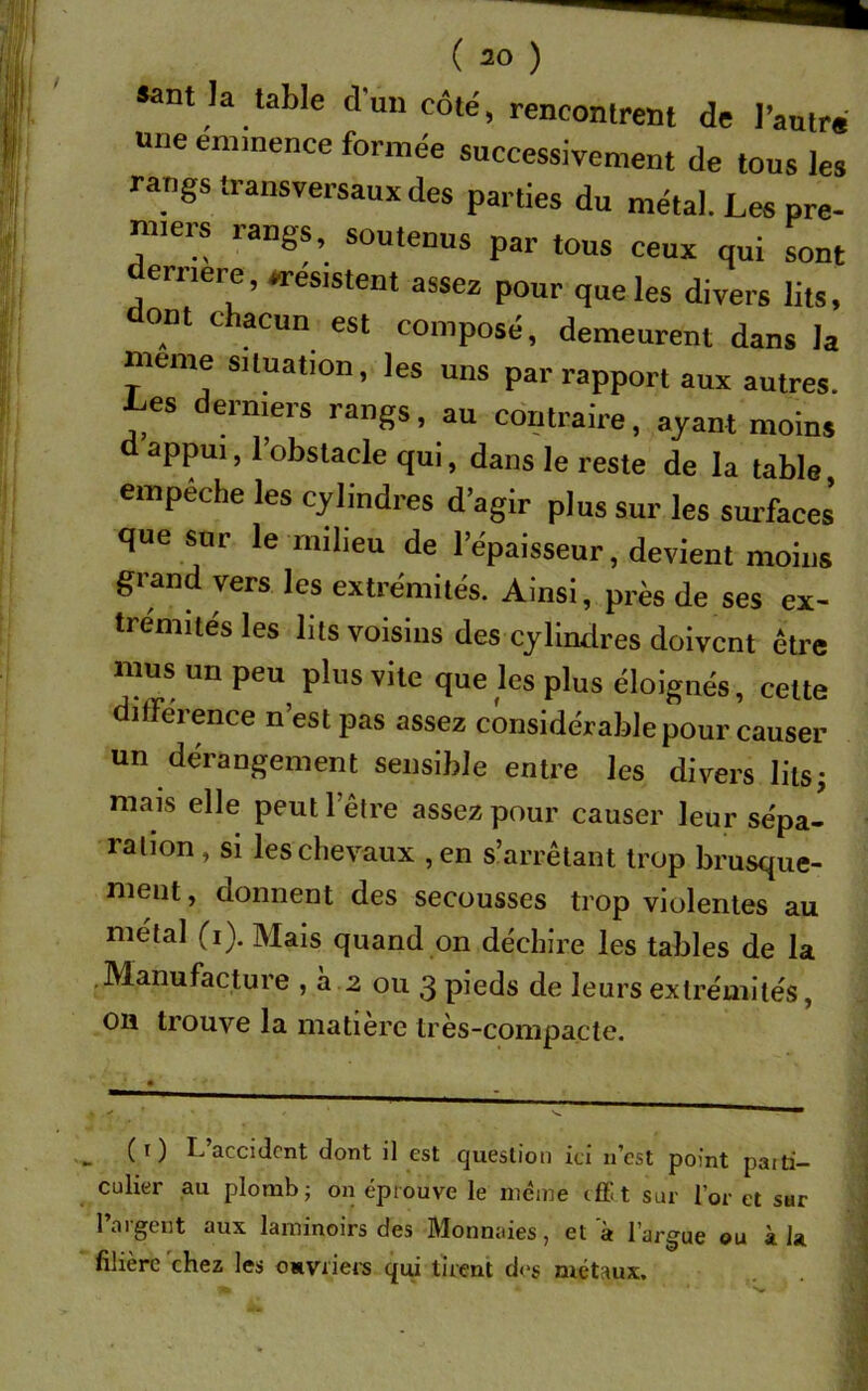 «nt la table d'un côté, rencontrent de l’autré une emmence formée successivement de tous les rangs transversaux des parties du métal. Les pre- nnes rangs, soutenus par tous ceux qui sont eriiere, mes,stent assez pour que les divers lits, ont chacun est composé, demeurent dans la meme situation, les uns par rapport aux autres Les derniers rangs, au contraire, ayant moins appui, l’obstacle qui, dans le reste de la table, empeche les cylindres d’agir plus sur les surfaces que sur le milieu de l’épaisseur, devient moins gian vers les extrémités. Ainsi, près de ses ex- trémités les lits voisins des cylindres doivent être nms un peu plus vite que les plus éloignés, cette différence n’est pas assez considérable pour causer un dérangement sensible entre les divers lits; mais elle peut l’être assez pour causer leur sépa- ration , si les chevaux , en s’arrêtant trop brusque- ment , donnent des secousses trop violentes au métal (i). Mais quand on déchire les tables de la .Manufacture , à 2 ou 3 pieds de leurs extrémités, ou trouve la matière très-compacte. (t) L’accident dont il est question ici n’est point paiti- culier au plomb; on éprouve le même effit sur l’or et sur l’argent aux laminoirs des Monnaies, et à l’argue ou à la filière chez les ouvriers qui tirent des métaux.