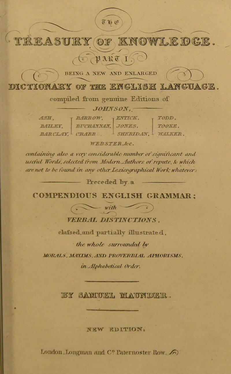 fJW TME. LAlfOTAGM. rompilt'tl from gemimp lEditioiia of ,TOHNSim., A,m, JiAJiMOir. ENTirir, JiAILDT, BiepM/vmm: JPWEtS, SARt'LAX: ■ rSABS .. SMEMID.-m. )■ TODD, TOOME. 'yy.HU.iKTPi's^, '^EBSJTEM,&rC. txmlai/tui^ also a vei^' coiisiiiaablo number of si^ninMTit amt useful Words, selected- ti'orn .Modenv,^ut/tors of repute, <C- irliich t are.tuTt to be found fn- ano otherXc-ecico^raphtcal H'orle whatever: Ift-ecedeil Iby a, COMPENDIOUS ENGLISH GRAMMAR; VERBAL DISTINCTIONS . clulspd.imd ilhisUnded. the. whole surnuuulctjl, hr MORALS. MJtXtMS, AND VluniiRJilAl, APHORISMS, in Alphabetieal Order. S !K'W W11) ITlONo I.oiuloii, r,<)iijL(m/ui /iiul (V.’ raUTiiosIcr How, /^)