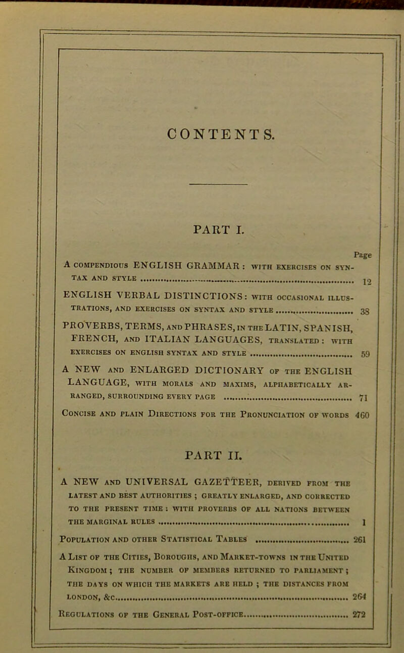 CONTENTS, PART I. Page A COMPENDIOUS ENGLISH GRAMMAR: with exercises on syn- tax AND STYLE j2 ENGLISH VERBAL DISTINCTIONS: with occasional illus- trations, AND EXERCISES ON SYNTAX AND STYLE 38 PROVERBS, TERMS, AND PHRASES, in the LATIN, SPANISH, FRENCH, AND ITALIAN LANGUAGES, translated: with EXERCISES ON ENGLISH SYNTAX AND STYLE 59 A NEW AND ENLARGED DICTIONARY op the ENGLISH LANGUAGE, with morals and maxims, alphabetically ar- ranged, SURROUNDING EVERY PAGE 71 Concise and plain Directions for the Pronunciation of words 460 PART II. A NEW and UNIVERSAL GAZETTEER, derived from the latest AND BEST AUTHORITIES ; GREATLY ENLARGED, AND CORRECTED TO THE PRESENT TIJIE : WITH PROVERBS OF ALL NATIONS BETWEEN THE MARGINAL RULES ] Population and other Statistical Tables 261 A List OF the Cities, Boroughs, and Market-towns in the United Kingdom ; the number op members returned to parliament ; THE DAYS ON which THE MARKETS ARE HELD ; THE DISTANCES FROM LONDON. &C 264 Regulations of the General Post-office 272