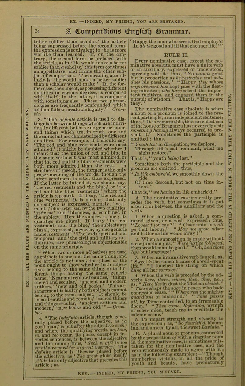 better soldier than scholar,’ the article warlike than learned.’ If, on the con- trary, the second term be prefaced ivith the article, as in ‘ He would make a better soldier than a scholar,’ this term continues an appellative, and forms the other sub- ingly is, ‘ lie would make a better soldier than a scholar would make.’ In the for- mer case, the subject, as possessing different qualities in various degrees, is compared with itself; in the latter, it is compared with something else. These two phrase- ologies are frequently confounded, which seldom foils to create ambiguity.”—Crowi- 3. “ The definite article is used to <hs- tiiiguish between things which are indivi- dually different^ but have no generic name, and things which are, in truth, one and the same, but are characterized by different qualities. For example, if I should say, ‘The red and blue vestments were most admired,’ it might be doubted whether I meant that the union of red and blue in the same vestment was most admired, or that the red and the blue vestments were both more admired than the rest. In strictness of speech, the former is the only proper meaning of the words, though the latter Sentiment is often thus expressed. If the latter be intended, we should say, ‘ the red vestments and the blue,’ or ‘ the red and the blue vestments,’ where the article is repeated. If I say, ‘ the red and blue vestments,’ it is obvious that only one subject is expressed, namely, ‘vest- ments,’ characterised by the two qualities, ‘ redness ’ and ‘ blueness,’ as combined in the subject. Here the subject is one ; its qualities are plural. If 1 say ‘the red vestments and the blue,’ the subjects are plural, expressed, however, by one generic name, vestments. ‘ The lords spiritual and temporal,’ and ‘ the civil and military au- thorities,' are phraseologies objectionable on the same principle. ‘‘ When two or more adjectives are used as epithets to one and the same thing, and the article is not used, the place of the noun ought to show whether both adjec- tives belong to the same thing, or to tlif- ferent things having the same ■ generic name. ‘ Near and remote beauties,’ ‘ things sacred and secular,’ ‘ ancient and modern authors,’ ‘ new and old books.’ This ar- rangement is faulty ;*both epithets cannot belong to the same subject. It should be ‘ near beauties and remote,’ sacred things and things secular,’ ‘ ancient authors and modern,’ ‘new books and old.’ ” — Crowi- bie. 4. “ The indefinite article, thoufrh pene- raily placed before the adjective, as a good man,’ is put after the adjective sucJi; and where the qualifying words, as, how, 80, and ^00 occur, its place, except in m- verted sentences, is between the adjective and the noun ; thus, ‘Such a pyt is Joo STunU a reward for so orent a service. I he definite article is likcwi.se placed Ijemjc the adjective, as ‘ The great globe itselt. All is the only adjective that precedes tlus article; os. ‘ Happy the man who sees a God employ'd RUHE II. Every nominative case, except the no- ‘ minative absolute, must have a finite verb or an auxiliary, expressed or understood, agreeing with it; thus, ‘‘No man is great but in proportion as he restrains and sub- dues his passions.” ‘‘Happy Vieu whose improvement has kept pace with the fleet- ing minutes ; who have seized the impor- tant fugitives, and engaged them in the pursuit of wisdom.” That is,‘‘Happy ore they.” The nominative case absolute is when sent participle, in an independent sentence; thus, ‘‘ It is remarkable, that an eldest son of the house of Braganza has never reigned; something having always occurred to pre- vent it.*^ Sometimes the participle is omitted: thus, “ Youth lost in dissipation, we deplore. Through life’s sad remnant, what no sighs restore.” That is, “ youth being lost.” Sometimes both the participle and the pronoim are omitted: thus, “ In life embark'd, we smoothly down the tide Of time descend, but not on time in- tent.” That is, “ we having in life embark’d.” cedes the verb, but sometimes it is put after it, or between the auxiliary and the 1. When a question is asked, a com- mand given, or a wish expressed: thus, “Lovest thou me ? ” “ Come unto me, all ye that labour.” ‘‘ May we grow wiser and better as life wears away 1 2. AVhen a supposition is made without a conjunction ; as, “ Were justice followcxl, then would man be good.’ “ Oh, hculthose lips but language! 3. When an intransitive verb is used; as, “ Sweet IS the remembrance of a wcll-siKmt life.” “ I touched the string on wliich hung all her sorrows. 4. When the verb is preceded by the ad- verbs here, there, where, then, thus, &c.; as, ‘‘ Here lies in dust the Theban obelisk. ‘‘ There sleeps the sage in peace, who bailc oppression cease,” “ l»’'/icrc rest the mighty guardians of mankind.” ‘‘ Thus passes all, by Time controlled, to an irremeable doom.” “ Then come, llcflection, nymph of sober mien, teach me to meditate tlie j solemn scene.” !>. To impart strength and vivacity to the expression ; as, *‘ So fiourish'd, bloom- ■ ing,and unseen by all, thesweet iarimVi.” | B. A plural noun or pronoun, connected i by the preposition of with a singular noun - j in the nominative case, is sometimes mis- ' taken for the nominative case, and the verb erroneously made to agree with it; as in the following examples: —“ Though ’ niimlicrlcss victims, in all the pride of youth and beauty, have prematurely I J key INDEED, MY FRIEND, YOU MISTAKE,