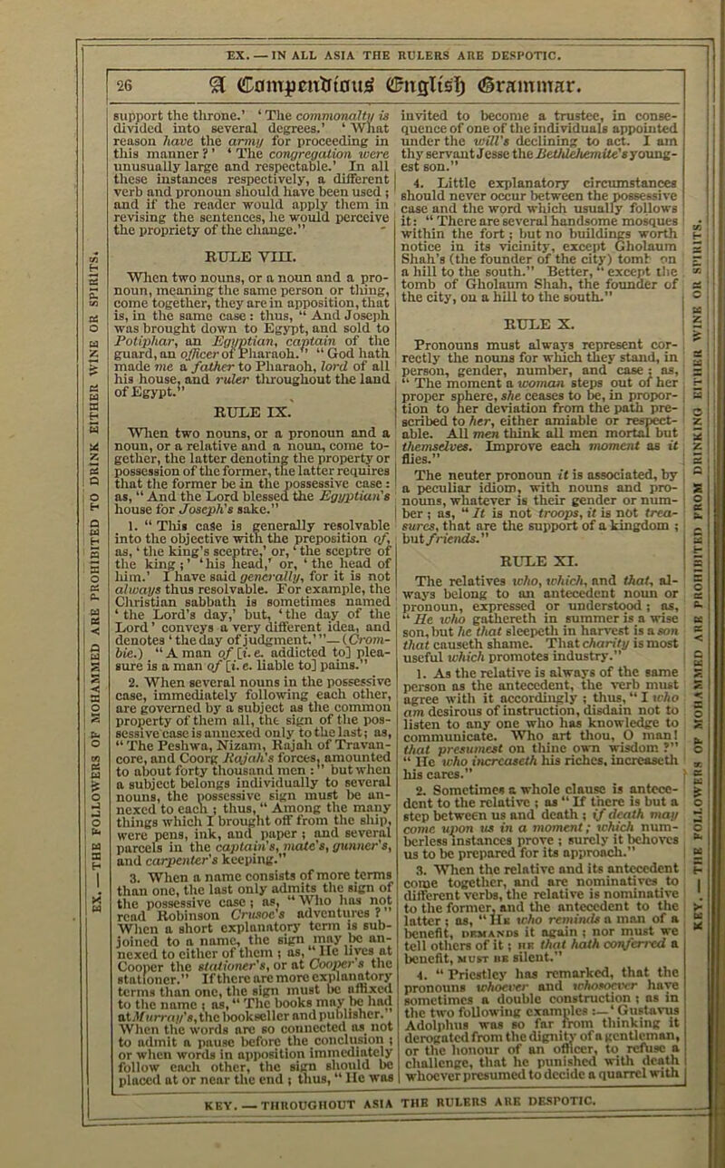 THE FOLLOWERS OP MOHAMMED ARE PROHIBITED TO DRINK EITHER WINE OR SPIRITS, EX. —IN ALL ASIA THE RULERS ARB DESPOTIC. divitled into several degrees.’ ‘ What reason have the army for proceeding in this manner ? ' ‘ The eongregalion were these instances respectively, a different verb and pronoun should have been used ; revising the sentences, he would perceive Wlien two nouns, or a noun and a pro- ; noun, meaning the same person or tiling,' is, in the same case : thus, “ And Joseph was brought down to Egypt, and sold to Potiphar, on Egyptian, captain of the criiorfl nn HhnmnL “ rj-n/l Lnt.h quence of one of the individuals appointed under the wHVs declining to act. I am thy servant Jesse the JiethleltemiU's young- 4. Little eicplanatory circumstances should never occur between the possessive case and the word which usually follows it: “ There are several handsome mosques witliin the fort; but no buildings worth notice in its vicinity, except Gholaum a hill to the south.” Better, “ except the tomb of Gholaum Shah, the founder of the city, on a hill to the south.” guard, an officer of Pliaraoh.*’ “ God hath made me a father to Pharaoh, lord of all his house, and ruler tluoughout the land of Egypt.” When two nouns, or a pronoun and a noun, or a relative and a noun, come to- gether, the latter denoting the property or , possession of the former, the latter requires that the former be in the possessive case:! as, “ And the Lord blessed the Egyptian's house for Joseph's sake.” | 1. “ Tliis case is generally resolvable into the objective with the preposition of, as, ‘ the king’s sceptre,’ or, ‘ the sceptre of the king ; ’ ‘ his head,' or, ‘ the head of liim.’ I have said generally, for it is not always thus resolvable. For example, the Christian sabbath is sometimes named ; ‘ the Lord’s day,’ but, ‘ the day of the Lord ’ conveys a very different idea, and denotes ‘ the day of judgment’ lOrom- bie.) “Aman o/[t.e. addicted to] plea- sure is a man of [i. e. liable to] pains.” 2. When several nouns in the possessive case, immediately following each other, are governed by a subject as the common i property of them all, the sign of the pos- sessive case is annexed only to the last; os, ‘‘The Peshwa, Nizam, Rajah of Travan- core, and Coorg Kajah's forces, amounted to about forty thousand men : ” but when a subject belongs individually to several nouns, the possessive sign must lie an- nexed to each ; thus, ‘‘ Among the many things which I brought off from the ship, were pens, ink, and paper ; and several parcels in the captain's, mate's, gunner's, and carpenter's keeping.” 3. When a name consists of more terms than one, the last only admits the sign of tlie possessive cose; as, ‘‘ Who has not read Robinson Crusoe's adventures t When a short explanatory tenn is sub- joined to a name, the sign may w an- nexed to either of them ; as. He lives at Cooper the stationer's, or at Cooj^r s the stationer.” If there arc more explanatory terms than one, the sign must be nfnxctl to tlie name ■, as, ‘‘ The books may be had nt.lf i<rra//’s, the liookBcllcr and publisher. When the words arc so connected lus not to admit a pause before the conclusion i or when words in apposition immediately follow each other, the sign should be placed at or near the end ; thus, “ He was Pronouns must always represent cor- rectly the nouns for whuch they stand, in person, gender, number, and case; as, ‘‘ The moment a woman steps out of her proper sphere, she ceases to be, in propor- tion to her deviation from the path pre- scribed to her, either amiable or respect- able. AH men think all men mortal but themselves. Improve each moment as it flies.” The neuter pronoun it is associated, by : a peculiar idiom, with nouns and pro- noims, whatever is their gender or num- ber ; as, “ /t is not troops, it is not trea- sures, that are the support of a kingdom ; biit/riends.” RULE XI. The relatives icho, which, and that, al- ways belong to an antecedent noun or pronoun, expressed or understood; as, “ He who gathereth in summer is a wise son, but he that sleepeth in harvest is a son that causeth shame. That charity is most useful which promotes industry.” 1. As the relative is always of the same person ns the antecedent, the verb must agree with it accordingly ; thus, ‘‘ I who nm desirous of instruction, disdain not to listen to any one who has knowledge to communicate. Who art tliou, O man I that presumest on thine own wisdom ?” “ He who incrcaseth his riches, incrcasetli liis cares.” 2. Sometimes a whole clause is antece- dent to the relative ; os ‘‘ If there is but a step between us and death ; if death may come upon us in a moment; which num- berless instances prove ; surely it behoves us to be prepared for its approacli.” 3. When the relative and its antecedent come together, and are nominatives to different verbs, the relative is nominative to the former, and tlie antecedent to the latter ; as, ‘‘Ils who remintls a man of a benefit, dfmands it again ; nor must we tell others of it; iik that hath conferred a benefit, vost he silent.” 4. “ Priestley has remarked, that the pronouns whoever and whosoner have sometimes a double construction ; as in the two following examples ‘ Giistas-us Adolphus was so far from thinking it derogated from the dignity of a gentleman, or the honour of an ofllccr, to rcftisc a challenge, that he punished with death i whoever presumed to decide a quarrel with | : t ! 1 key. THROUGHOUT A.SIA THE RULERS ARE DESPOTIC. KEY THE FOLLOWERS OP MOHAMMED ARE PROHIIlITED FROM DRINKING EITHER WINK OR SPIRITS,