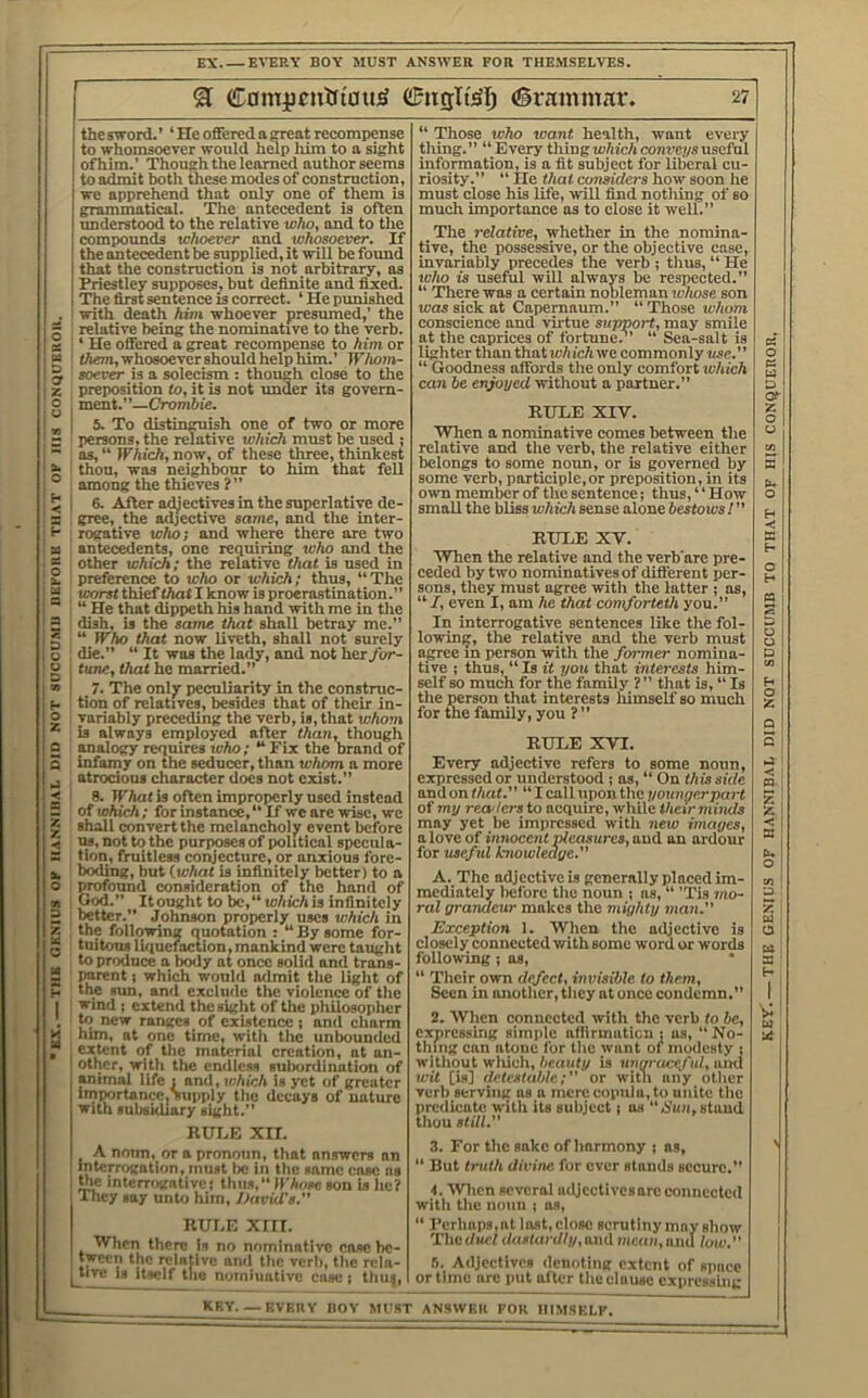 EX. — THE GENIUS OK IIANNIIIAL DID NOT 8UCCUMU OEKORB THAT OK HIS CONQUBKOU. EX. — E^TRY BOY MUST ANSWER FOR THEMSELVES. thesword.’ ‘He offered a ^at recompense to whomsoever would help him to a sight ofhim.’ Though the learned author seems we apprehend that only one of them is grammatical. The antecedent is often understood to the relative who, and to tlie compounds whoever and whosoever. If the antecedent be supplied, it will be found that the construction is not arbitrary, as Priestley supposes, but definite and fixed. The first sentence is correct. ‘He punished with death him whoever presumed,' the relative being the nominative to the verb. ; ‘ He ofi'ered a great recompense to him or tAem, whosoever should help him.’ Wiiom- soever is a solecism : though close to the preposition to, it is not under its govern- ment.—Crombie. 5. To distinmish one of two or more persons, the relative which must be used ; , as, “ Whi(Ji, now, of these three, thinkest thou, was neighbour to him that fell : among the thieves ?” 6. After adjectives in the superlative de- gree, the adjective same, and the inter- rogative who; and where there are two antecedents, one requiring wiw and the other which; the relative that is used in preference to who or which; thus, “The icorst thief <Aa( I know is procrastination. “ He that dippeth his hand with me in tlie dish, is the same that shall betray me. “ Who that now liveth, shall not surely die.” “ It was the lady, and not her for- tune, that he married.” 7. The onljr peculiarity in the construc- tion of relatives, besides that of their in- variably preceding the verb, is, that whom is always employed after than, though ualogy requires who; “ Fix the brand of infamy on the seducer, than whom a more atrocious character docs not exist.” 8. What is often improperly used instead of which; for instance, “ If we are wise, we shall convert the melancholy event before us, not to the purposes of political specula- tion, fruitless conjecture, or anxious fore- boding, but (what is infinitely better) to a profound consideration of the hand of God.” Itought to bc,“tc/iicAis infinitely Iwttcr.” Johnson properly uses which in the following quotation : “ By some for- tuitous liquefaction, mankind were taught to produce a body at once solid and trans- mrent i which would admit the light of the sun, and exclude the violence of the wind ; extend the sight of the philosopher to new ranges of existence; and charm him, at one time, with the unbounded extent of the material creation, at an- other, with the endlcs.1 suliorrlination o( I animal life : and, which is yet of greater . importance,supply the decays of nature with subsidiary sight.” I RUT>E XII. ' A noun. or a pronoun, that answers an interrogation, must be in the same case as the interrogative; thus,” Whose son is lie? They say unto him, David's.” nUl.E XIII. I When there is no nominative case be- tween the relative and the verb, the rela- ^tm* Is Itself the nominative cas<;; thug. “ Those who want health, want every thing.” “ Every thing which conveys useful information, is a fit subject for liberal cu- must close his life, will find nothing of so much importance as to close it well.” The relative, whether in the nomina- tive, the possessive, or the objective case, invariably precedes the verb ; thus, “ He who is useful will always be respected.” “ There was a certain nobleman ichose son was sick at Capernaum.” “ Those whom conscience and virtue support, may smile at the caprices of fortune.^’ “ Sea-salt is lighter than that loA icA we commonly use.'' “ Goodness affords the only comfort which can be enjoyed without a partner.” RULE XIV. When a nominative comes between the relative and the verb, the relative cither belongs to some noun, or is governed by some verb, participle,or preposition, in its own member of the sentence; thus, ‘ ‘ How small the bliss which sense alone bestows 1” RHEE XV. When the relative and the verb'are pre- ceded by two nominativesof diii'erent per- sons, they must agree with the latter ; as, even I, am he that comforteth you.” In interrogative sentences like the fol- lowing, the relative and the verb must agree in person with the former nomina- tive ; thus, “ Is it you that interests him- self so much for the family 7 ” that is, “ Is the person that interests liimself so much for the family, you ?” Every adjective refers to some noun, expressed or understood ; as, “ On this side andon that.” “ I call upon the youngerpart of my rea-ters to acquire, while their minds may yet be impressed with new images, a love of innocent Measures, and an ardour for useful knowledge.” A. The adjective is generally placed im- mediately before the noun ; ns, “ 'Tis mo- ral grandeur makes the mighty man. Exception 1. When the adjective is closeiy connected with some word or words following; as, “ Their own defect, invisible to them. Seen in another, tlicy at once condemn.” 2. When connected with the verb to be, expressing simple afllrmaticn : as, “ No- thing can atone for the want of modesty ; without wliich, he«H(y is ungraceful, ami wit [is] detestable;” or with any otlier verb serving os a mere copula, to unite the predicate with its subject; us “Ai'um, stand thou still.” 3. For the sake of harmony ; as, “ But truth divine for ever elands secure.” ■f. AVIicn several adjectives arc connected wltli the noun ; as, “ I’crliaps,at last,closc scrutiny may show Tlic(/«d daslardly,am\ Micaa,aiul low.” f). Adjectives denoting extent of space or time arc imt alter tlie clause expressing _KEY KVKIIY UOY MPST ANSWER FOR HIMSELF. KEV. — THE GE.SIUS or HANNIBAL DID NOT SUCCUMB TO THAT OF HIS CONQUEROR.
