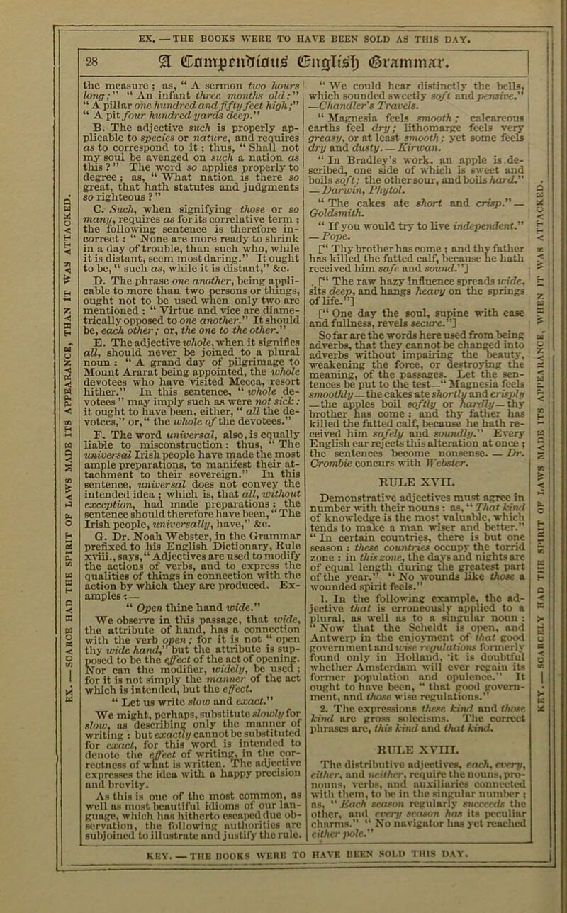 EX SCARCE HAD THE SPIRIT OF LAWS MADE ITS APPEARANCE, THAN IT WAS ATTACKED. the measure ; as, “ A sermon txoo hours long;” “An infant three months old;” “ A pillar one hundred andfifUj feet high; “ A pit/our hundred yards deep.” plicable to species or nature, and requires as to correspond to it; thus, “ Shall not my soul be avenged on such a nation as this ? ” The word so applies properly to degree; as, “ What nation is there so great, that hath statutes and judgments so righteous ? ” C. Such, when signifying those or so many, requires as for its correlative term ; the folloiving sentence is therefore in- correct ; “ None are more ready to shrink in a day of trouble, than such who, while it is distant, seem most daring.” It ought to be, “ such as, while it is distant,” &c. D. The phrase one another, being appli- cable to more than two persons or tlungs, ought not to be used when only two are mentioned : “ Virtue and vice are diame- trically opposed to one another.” It should be, each other; or, the one to the other.” E. Theadjectiveio/ioZe, when it signifies all, should never be joined to a plural noun : “ A grand day of pilgrimage to Mount Ararat being appointed, the whole devotees who have visited Mecca, resort hither.” In tills sentence, “ whole de- votees ” may imply such as were not sick : it ought to have been, either, “ all the de- votees,” or, “ the whole of the devotees.” F. The word universal, also, is equally liable to misconstruction: thus, “ The universal Irish people have made the most ample preparations, to manifest their at- tachment to their sovereign.” In this sentence, universal does not convey the intended idea ; which is, that all, without exception, had mode preparations : the sentence should therefore have been, “ The Irish people, universally, have,” &c. G. Dr. Noah Webster, in the Grammar prefixed to his English Dictionary, Rule xviii., says, Adjectives are used to modify the actions of verbs, and to express the qualities of things in connection with the action hy which they are produced. Ex- “ Open thine hand wide.” We observe in this passage, that wide, the attribute of hand, has a connection udth the verb open; for it is not “ open thy wide hand, hat the attribute is sup- posed to be the effect of the act of opening. Nor can the modifier, widely, be used ; for it is not simply the manner of the act which is intended, but the effect. “ Let us write slow and exact.” We might, perhaps, substitute slowly tor slow, as describing only the manner of writinK : but cannot be substituted for exact, for this word is intended to denote the effect of writing, in the cor- rectness of wliat is written. The adjective expresses the idea with a happy precision and brevity. As this is one of the most common, as well as most licautlful idioms of oiir lan- guage, which has hitherto escaped due ob- servation, the following authorities arc subjoined to illustrate and justify tlic rule. “ We could hear distinctly the bells, which sounded sweetly soft and pensive.” —Chandler's Travels. “ Magnesia feels smooth ; calcareous greasy, or at least smooth ; yet some feels dry and dusty. — Kirwan. “ In Bradley’s work, an apple is. de- scribed, one side of which is sweet and boils so/<; the other sour, and boils/umf.” — Darwin, 1‘hytol. “ The cakes ate short and crisp.” — Goldsmith. “ If you would try to live independent.” — Pope. [“ Thy brother has come ; and thy father has killed the fatted calf, because he hath received him safe and sound.”] , [“ The raw hazy influence spreads wide, sits deep, and hangs Ixeavy on the springs ofUfe.*^] [“ One day the soul, supine with ease and fullness, revels secure.”'^ So far are the words here used from being adverbs, that they cannot be changed into adverbs without impairing the tieauty, weakening the force, or destroying the meaning, of the passages. Let the sen- tences be put to the test— JIagnesia feels smoothly—the cakes ate shortly and crisjdy —the apples boil softly or hardly—thy brother has come: and thy father has killed the fatted calf, because he hath re- ceived him safely and soundly.” Every English ear rejects this alteration at once j the sentences become nonsense. — Dr. Crombie concurs with IVebster. i Demonstrative adjectives must agree in number with their nouns: as, “ That kind of knowledge is the most valuable, which 1 tends to miuce a man wiser and better.” | “ In certain countries, there is but one | season : these countries occupy the torrid ' zone : in thiszone, the daysand nightsare of equal length during the greatest part of the year.” “ No womids like those a wounded spirit ibels.” jective that is erroneously applied to a i plural, ns well os to a singular noun :  Now that the Scheldt is open, and Antwerp in the enjoyment of that good i government and icisc reyxdations formerly ! found only in Holland, ‘it is doubtful whether Amsterdam will ever regain its former population and opulence. It ought to have been, “ that gooil govcni- ment, and those wise regulations.’’ 2. The expressions these kind and those kiml arc gross solecisms. The correct phrases arc, this khid and that kind. RULE XVIIT. The distributive adjectiies, each, et'ery, cither, and xieilhi'r, reiiuirc the nouns, pro- nouns, verbs, and auxiliaries connected with them, to lie in the singular numlier : as,  Each season regularly succeeds the other, and crery season has its iieculiar charms.”  No na\igntor has yet readied either jmlc.” KEY.—TUB BOOKS WERE TO HAVE BEEN SOLD THIS DAY. KEY.— SCARCELY HAD THE SPIRIT OP LAWS MADE ITS API’EARANGE, WHEN IT WAS ATTACKED