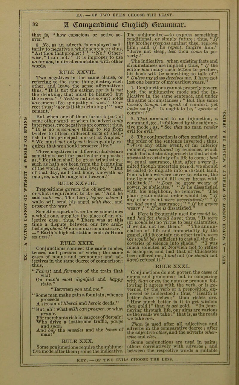 A WATCH CANNOT GO WITHOUT A WEIGHT OR SPRING EX. — OF TWO EVILS CHOOSE THE LEAST. that is, “ how capacious or active so- ever.” 5. JVo, as an adverb, is employed soli- tarily to negative a whole sentence: thus, “Art thou that prophet ? “ No.” Other- wise, “ I am not. It is improper to use no for not, in direct connection with other words. Two negatives in the same clause, or referring to the same thing, destroy each other, and leave the sense affirmative : tims, “ It is not the eating, nor it is not the drinking, that must be blamed, but the excess.” ‘ '■N’cUhar nature nor art holds no cement like sympathy of woe.” Cor- rect thus: “ nor is it the drinking ; ” “ any cement.” But when one of them forms a part of some other word, or when the adverb only intervenes, two negatives are correct: thus, “It is no uncommon thing to see from twelve to fifteen different sorts of shell- fish in the principal market at Naples.” “ We must not only not destroy, duty re- quires that we should preserve, life.” Three negatives in different clauses are sometimes used for particular emphasis ; ns, “ For then shall be great tribulation ; such as hath not been from the berfnning of the world; tjo, nor shall ever be.’’ “But of that day, and that hour, knoweth no man, no, not the angels in heaven.” B UliB NX VIII. Prepositions govern the objective case, or what is equivalent to it: as, “ And he said unto me. The Lord, before whom I walk, will send his angel with thee, and prosper thy way.” Sometimes part of a sentence, sometimes a whole one, supplies the place of an ob- jective case: thus, “ There was at this time a dispute between our two arch- bishops, obont Who shoold de greatest.” — “ Earth’s highest station ends in Here HE LIES.” KHLE XXIX. Conjimctions connect the same modes, tenses, and persons of verbs ; the same cases of nouns and pronouns ; and ad- jectives in the same degree of comparison: thus,— “ Fairest and foremost of the train that wait On man’s most dignified and happy state.” “ Between you and me. “ Some men make gain a form tain, whence Rroccccls A stream of liberal and heroic deeds.” “ But, ah 1 what iviih can prosper, or what F(5rmcrcViants rich in cargoes of despair 1 Wlio drive a loathsome traffic, gauge and span. And buy the muscles and the bones of manl RULE XXX. Some conjunctions require the siibjunc- tivc mode after them; some tlie indicative. The subjunctive—to express something conditional, or simply future ; thus, If thy brother trespass against thee, reprove him ; and if he repent, forgive him.” “Love not sleep, lest thou come to po- verty.” The indicative—when existing facts and circumstances are implied ; thus, “ If the editor has many such letters to produce, Ms book will be something to talk of.’’ “ Unless my glass deceives me, I have not lost one beauty of my earliest years.” 1. Conjunctions cannot properly govern both the subjunctive mode and the in- dicative in the same sentence, and under the same circumstances : “ But this same 1 Cassio, though he speak of comfort, yet looks sadly.’’ It ought to be, speaks of comfort.” 2. Thai annexed to an injunction, a command, &c., is followed by the subjunc- tive mode ; as, “ See that no man render evil for evU.” 3. The conjunction is often omitted, and the order of the sentence inverted ; thus, “ }Vere any other event, of far inferior moment, ascertained by evidence, which made but a distant approach to that which attests the certainty of a life to come ; had we equal assurance, that, after a very li- mited though imcertain period, we should be called to migrate into a distant land, from which we were never to return, the intelligence would fill every breast with solicitude.” Does he grow weary' of power, he abdicates.” “ Is he dissatisfied with his neighbour, he removes.” The plain grammatical order would be, If any other event tcere ascertained; “-U i we had equal assurance ; ” “ he grows ! weary  If he is dissatisfied.” ; 4. TFcre is frequently used for would be, and had for should have: thus, “ It were (or would be) no virtue to bear calamities, if we did not feel them.” “ The annun- ciation of life and immortality by the gospel, did it contain no other truth, were lor would be) sufficient to cost all the dis- coveries of science into shade.” “I was mucli solicited at Norwich not to refuse a bishopric, and had that of Cliichester been oftered me, I had not (or should not have) refused it.” Conjunctions do not govern the eases of nouns and pronouns; out in comparing •R'ith than or ns, the noun or pronoun fol- lowing it agrees with the verb, or is go- verned by the verb or a preposition, ex- pressed or understood : thus, “ Health is [letter than riclies; ” than riclies are. “How much better is it to get wisdom than gold 1” than to get gold. “In jour- neying through life, our aims arc various ns the roads we take that is, os the roads we take arc. Than is used after all affiectivea and adverbs in the compamti\-e degree : after the oiljectivc other, and the adverbs other- wise and else. Some conjunctions are iired in pairs; others eorrelatively with adverbs ; and iKtween the respective words a suitable key.—-OF TWO RVILM CHOOSE THE LESS. KEY. — A WATCH CANNOT GO WITHOUT A WEIGHT OR A SPRING