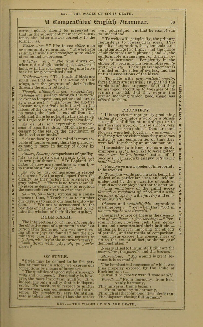 ^ calf 1011^ ejafllis]^ ©rammar. 33 correspondence should be preserved, so tence, the latter answer correctly to the former: as. or community reforming.” “It were rare sailing, if winds and weather were either at command orforeseen.” Whether — or : “ The time draws on, when not a single burial spot, whether on land, or in the spacious sea, but must give back its long-committed dust.” JS’either—nor: “The heads of birds are small; so that neither the action of their . wings, nor the progress of their bodies through the air, ts retarded.” Though, although — yet, nevertheless: “ 2'hough our passage through this world ’ be ever so tempestuous, yet we shall arrive i at a safe port.” “ Although the fig-tree blossom not, nor fruit be in the vine ; the labour of the olive foil, and the fields yield no meat; the fiock be cut off from the fold, and there be no herd in the stalls; yet will I rejoice in the God of my salvation.” quence : thus, “ Teach us so to number our days, as to apply our hearts unto wis- : dom.” “ We are so accustomed to the > beauties of nature, tAat we neglect to ad- \ mire the wisdom of their divine Author. RULE XXXII. The interjections 0, oh, and ah, require the objective case of a pronoun in the first person after them; a^ “ yl A me! how fleet- injc all our joys are found 1” but the no- minative case in the second person ; as “ 0 thou, who dry’st the mourner’s tears!” Look down with pity, oh, ye pow’rs above 1’ OF STYLE. .“ Style may be defined to he the par- ticular manner in which we express our conceptions by means of language. “ The qualities of agood style areperspi- enity and ornament. Perspicuity is, how- ever, the more important quality. It is, indeed, the only quality that is indispen- ; sable. No merit, with respect to matter or ornament, can compensate for its ab- sence. By perspicuity, says Quintilian, ^ care is taken not merely that the reader may understand, but that he cannot fail “ To write with perspicuity, the primary requisite is, to possess clear ideas. Per- ful attention to two things i 1st, the choice of single words and phrases ; and 2d, the conformable arrangement of them in pe- riods or sentences. Perspicuity in the choice of words and phrases implies purity and propriety. Their apt an-angement is founded on the rules of syntax, and the natural associations of the ideas. “ To write with grammatical purity, three things are essential: 1st, that all the words be of that language : 2d, that they be arranged according to the rules of its syntax; and 3d, that they express the precise meaning which good usage has affixed to them. PROPRIETY. “ It is a species of impropriety, producing ambiguity, to ermiloy a word or a phrase susceptible of different meanings j or to bornness of spfing with jarring and con- founding attrition.' Obscure and unintelligible expressions are improper : —“ Yet when that Jlood hi its own depths was drown'd. One great source of these is the affecta- tion of excellence or jine writing;—' Per- sonifications, however rich their depic- tions and unconstrained their latitude,— analogies, however imposing the objects of parallel, and the media of comparison, —can never expose the consequences of sin to the extent of fact, or the range of demonstration.” Nearly allied to theimintclligiblc arc the marvellous, thcpuerile, and the learned. Marvellous “ My wound is great, be- cause it is so small.” The bombastical nonsense of which was thus properly exposed by the Duke of Riickiiigham : — “It would be greater were it none at all. I’ucrilc.—“From harmony, from hea- venly harmony. This iinivcrsiil frame licgan : From harmony to hiirmoiiy. Through all tliccoinpassof the notes it ran, 'i'lic diapason closing full in mau.” KEY THE WAGES OF SIN ARE PEATII.