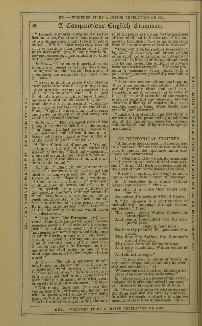COLD WATER DID FOR HIM WHAT DRUGS FAILED IN DOING 36 ^ C0mjpmtriou^ C^nrjlis'lj CFrammnr. “ In such instances, a dcCTce of dissatis- faction arises, from the violent separation of two things wliich ought to be intimately such separations ; nor, perhaps, is it al- ways necessary ; yet, if many words in- tervene, suspense, if not ambiguity, must be the consequence.” est impression ; the first and lost words of spicuous.” “ Great animation arises from placing ‘ Sunk are thy bowers in shapeless ruin all.’ When, however, the leading object is not only to give weight to the sentiment, but also to sustain the attention, or sus- pend the curiosity, important words may be placed advantageously at the close: thus, ‘ Happy the man who, void of cares and strife, in silken or in leathern purse retains a splendid shilling.’ ” Rule 4. — “ The strongest part of the thought, or that which forms tlie result, should come the last, for which reason, all circumstances, and all conditional mem- bers, ought to be placed in the middle or “ Thus if, instead of saying, ‘ Woman certainly is the joy of life, rationally speaking,’ we say, ‘ Rationally speaking, woman is certainly the joy of life,’ we add to the force of the observation, while we improve the sound.” Rule 5 ‘‘ The plain and grammatical order of a sentence, may be deemed the most consistent rvith ease and simplicit3’. Inversion, or the disposition of words out of that order, is a branch of ornament combining sound, sense, and effect; and is employed chiefly in works addressed to the passions, emotions, or imagination. It should not, however, be indulged, but to reach some beauty, or produce some ef- fect, not attainable by the usual order.” By a plain grammatical order, the effect of the following sentence would have been destroyed: — “ Upon them (the European civil ser- vants of the East India (lompanyl in epn- segucnce devolve the duties of dispensing justice to millions of people, of various languages, manners, usages, and religions ; of administering a vast and comiilicntcd system of revenue, throughout districts equal in extent to some of the most con- siderable kingdoms in Europe ; and of maintaining civil 9rdcr in one of the most iiopulous and litigious regions in the world.” 7?u/e6.—“Though a sentence should not, in general, be concluded with an in- considerable word, or with a particle, ns, bu,from, about,of, with, up, U>, &c. i yet ccr- taiii words included in this vague term, it particularly signifleant, may •ith great propriety terminate n sentence: thus,— “ Not many days ago, you saw her young,licnutiftil, virtuous, and happy : yc who are iiarcnts will judge of my felicity then: yc will judge of my aflliction now. “ As ill the next world, so In this, the only solid blessings are owing to the goodness of the mind, not to the extent of the ca^ pocity; friendship here is an emanation I “ Compound verbs, such as bring-about, laij-hold-pf, clear-up, and others of the I s.ame kind, are ungraceful conclusions of I a period : if, instead of tliese, a simple verb noun it, especially when joined with a sentence.” “ Sentences are sometimes too long, at period, perfectly clear and well con- structed, if not BO prolonged as to exhaust the patience and attention of the reader,' is always beautiful and pleasant; but the extreme difficulty of constructing such periods, renders them often feeble, un- graceful, and obscure.” “ Lastly, the strength and beauty of a sentence may be promoted bj’ a judicious use of the figures incrementum, climax, and antithesis, and of figurative language in general.” OF RHETORICAL FIGURES. “ A figure is the expression of a sentiment in a manner different from the ordinary way, to render the discourse more em- ; phatic and ornamental. 1. “5'oni7e is that by which, for ornament or illustration, we make formal compoii- ' son : ” thus, “ All flesh is as grass, and all; the glory of man as the flower of the flcld.” “ Strictly speaking, the simile is not a figure, as there is no change of language. ! 2. “ A metajibor is a simiie without! formal comparison : ” thus,— j “ An idler is a watch that wants both ' hands; As useless if it goes, as when it stands.” ; 3. “ An allegory is a continuation of metaphorical language through several sentencestlius,— “ ’Tis done 1 dread tVintcr spreads his iatest glooms. And reigns tremendous o’er the con- quer'd year. ] Behold, fond man ; ' Sec here thy pictur'd life ; pass some few years. Thy flowering Spring, thy Summer's , ardent stiength. Thy sober Autumn fading into age, 1 And pale concluding Winter comes at Inst, And shuts the scene.” i. “ Catachresis, or abuse of words, is any harsh trojie, but commonly an over- strained metaphor ns,— “ Whence tlic scar'd owl, on pinions gray, Down the lone valley sails nwaj . 5. “ Nypcrhole is an excess of figurative, and gcncndly of metaphorical language: 03, “ Rivers of blood, and hills of slain.” 6.  from/ is a troix: in which the sign and the thing signifloci arc directly contrary : in which wc siwak contrarily to what wc menu, and arc so to be understood: thus,— key. WHETHER IT UK A DIVINE UF.VELATION OR NOT. KEY COLD WATER DID FOR HIM WHAT DRUGS FAILED OF DOING, OR, FAILED