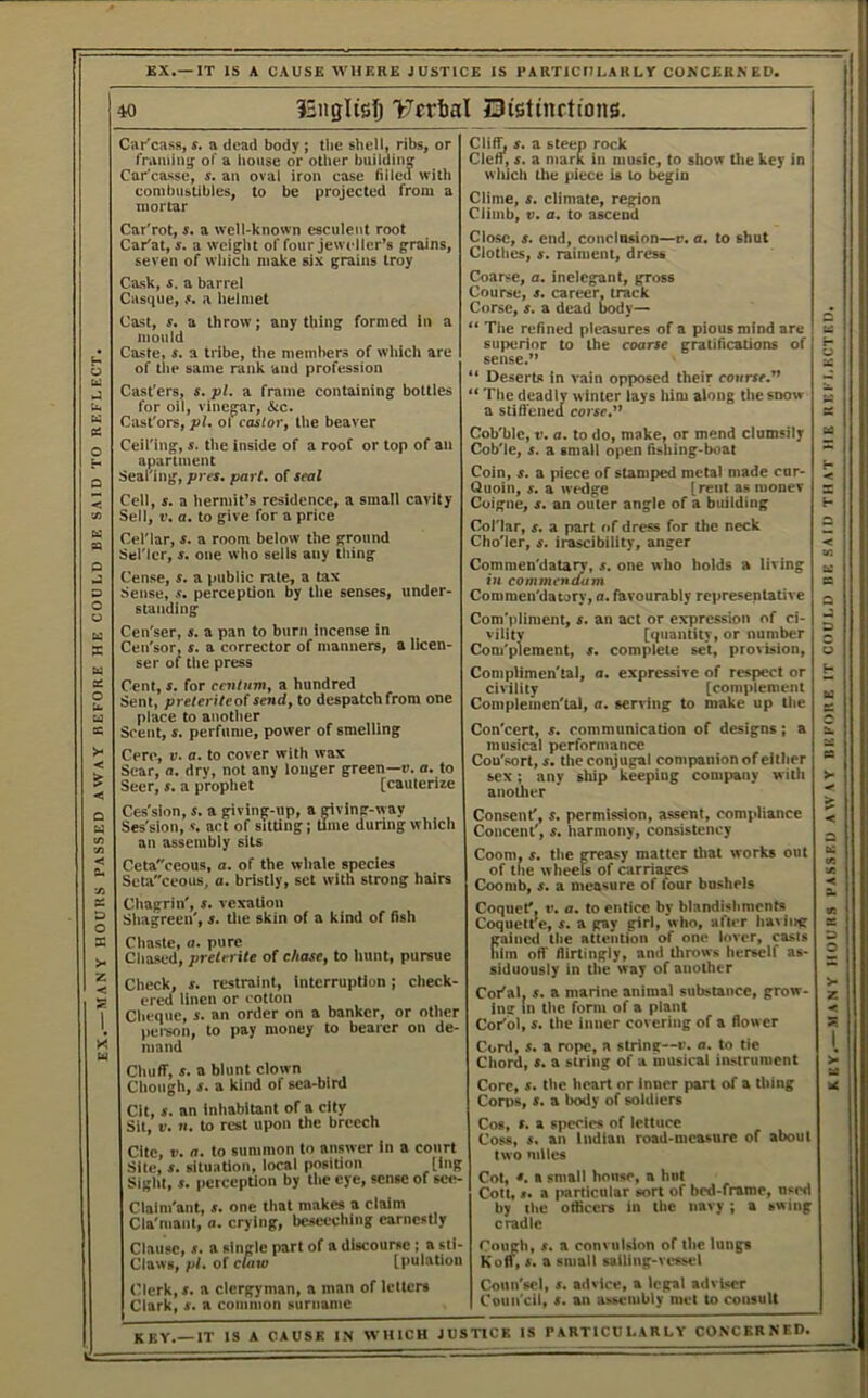 EX.—MANY HOURS PASSED AWAY BEFORE HE COULD BE SAID TO REFLECT. KX.—IT IS A CAUSE WHERE JUSTICE IS PARTICULARLY CONCER.VED. « iSngItsfj Ufrbal Disttnrtions. Car'cass, s. a dead body ; the shell, ribs, or Car'casse, s. an oval iron case filled with eonilnistibles, to be projected from a mortar CaKat, s. a weight of four Jeweller’s grains, seven of which make six grains troy mould Caste, s. a tribe, the members of which are Cast'ers, s. pi. a frame containing bottles for oil, vinegar, &c. Cast'ors, pi, ot castor, the beaver Ceil'ing, s. the inside of a roof or top of an apartment Cell, s. a hermit’s residence, a small cavity Sell, t>. a. to give for a price Cel'lar, s. a room below the ground Cense, s. a public rate, a tax Sense, s. perception by the senses, under- standing Cen'ser, s. a pan to burn incense in Cen'sor, s. a corrector of manners, a licen- ser of the press Cent, s. for centum, a hundred Sent, preteriteof send, to despatch from one place to another Scent, s. perfume, power of smelling Cere, w. a. to cover with wax Sear, a. dry, not any longer green—u. o. to Seer, s, a prophet [cauterize Ces'sion, s. a giving-up, a givlng-way Ses'slon, v. act of sitting j time during which an assembly sits Cetaceous, a. of the whale species Setaccous, a. bristly, set with strong hairs Chagrin', s. vexation Shagreen', s. tlie skin of a kind of fish Chaste, a. pure Chased, preterite of chase, to hunt, pursue Check, s. restraint, interruption; check- ered linen or cotton Cheque, s. an order on a banker, or other pel-son, to pay money to bearer on de- mand Chuff, s. a blunt clown Chough, s. a kind of sea-bird CIt, s. an inhabitant of a city Sit, V. n. to rest upon the breech Cite, V. a. to summon to answer In a court Site, s. situaUon, local position [lug Sight, s, perception by the eye, sense of sc<i- Clalm'ant, s. one that makes a claim Cla'maiit, a. crying, beseeching earnestly Clause, s, a single part of a discourse ; a sti- Ciaws, pi. of claw [pulation Clerk, s. a clergyman, a man of letters Clark, s. a common surname key.—IT IS A CAUSE Cli^ s. a steep rock which the piece is to begin Clime, s, climate, region Climb, V. a. to ascend Close, s. end, conclusion—v. a. to shut Clothes, s. raiment, dress Coarse, a, inelegant, gross Course, s. career, track Corse, s. a dead body— “ Tile refined pleasures of a pious mind are superior to the coarse gratifications of sense.” “ DeserLs in vain opposed their course.” “The deadly winter lays him along the snow a stifl'ened corse,” Cob'ble, t). a. to do, make, or mend clumsily Cob'le, s. a small open fishing-boat Quoin, s. a wedge (rent as nionev Coigne, s. an outer angle of a building Col’lar, s. a part of dress for the neck Cho'ler, s. irascibility, anger Commen'datary, s. one who holds a living iu commendam Commen'datary, a. favourably representative Com'pliment, s. an act or expression of ci- vility [quantity, or number Com'plement, s. complete set, provision, Complimen'tal, a. expressive of respect or civility [complement Complemen'tal, a. serving to make up the Con'cert, s. communication of designs; a musical performance Cou'sort, s. the conjugal companion of either sex; any ship keeping company with anotlier Consent, s. permission, assent, compliance Concent', s. harmony, consistency Coom. s. the greasy matter tliat works out of the wheeb of carriages Coomb, s. a measure of four bushels Coquet', r. a. to entice by blandishments Coquett’e, s. a gay girl, who, after har ing gained the attention of one lover, casts him off Airtingly, and throws herself as- siduously in the way of another Cor'al, s. a marine animal substance, grow- ing In the form of a plant Cor'ol, s. the inner covering of a flower Cord, s. a rope, a string—v. a. to tie Chord, s, a string of a musical instrument Core, s. the heart or Inner part of a thing Corps, s. a body of soldiers Cos, s. a species of lettuce Coss, s. an Indian road-measure of about two miles Cot, s. a small house, a hut Colt, ». a particular sort of bed-frame, used by the otficers in the nar y ; a swing cradle Coiigh, s, a convulsion of the lungs Kon, s. a small sailing-vessel Conn'scI, s, advice, a legal adviser Coun'cil, s. an assembly met to consult IN WHICH JUSTICE IS PARTICULARLY CONCERNED. KEY.—MANY HOURS PASSED AWAY BEFORE IT COULD BE SAID THAT HE REFLECTED.