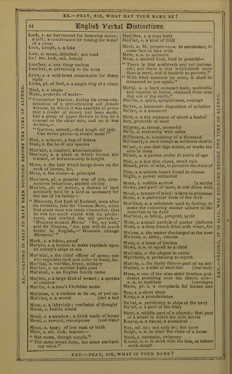 OXFORD IS SAID TO HAVE BEEN FOUNDED BEFORE THE TIME OF ALFRED. EX.—PRAY, SIR, WHAT MAY YOUR NAME BE? a tuft; a contrivance for raising the water of a canal Low, a. mean, dejected; not loud I.o! ini, look, see, behold Lum'ber, s. any thing useless sight “ Counsellor Garrow, during his cross-exa- mination of a prevaricating old female witness, by which it was essential to prove tliat a tender of money had been mode, had a scrap of paper thrown to him by a counsel on the other side, and on it was written,— “ Garrow, submit,—that tough old jade Can never prove—a tender maid Mail, s. armour, a bag of letters Man'age, s, conduct, administration Man'ege, s. a place in which horses are trained, or horsemanship is taught Mane, s. the hair which hangs down on the neck of horses, &c. Main, s. the ocean—a. principal Man'ners, pi. s. general way of life, cere- monious behaviour, studiei civility Man'ors, pi. of manor, a district of land anciently held by a lord as necessary for the use of his family— “ Manners, first Earl of Rutland, soon after his creation, told Sir 'I'homas More, when that great man was made chancellor, tliat he was too much elated with his prefer- ment, and verified the old proverb,— ‘ Honores mutant Mores.’ ‘ No, my lord,’ said Sir Thomas, ‘ the pun wifi do iiiurii better in Engfish,—‘ Honours change Manners.’ ” Mark, s. a token, proof Marque, s. a licence to make reprisals upon an enemy’s ships at sea MaKshal, s. the chief officer of arms; one who regulates rank and order at feasts, &c. Mar'tial, a, warlike, brave, military Mar'tial, s. an ancient Latin imet Mar'shall, s, an English family name Mar'ten, s. a large kind of weasel; a species of swallow Mar'tin, s, a man’s Christian name Mat tress, s. a cushion to lie on, or put un- niat'rice, s. a mould [uer a bed Maze, f. a labyrinth ; confusion of thought Maize, s. Indian wheat Moad, s. a meadow; a drink made of honey Meed, s. reward, recompense [“m* water Mean, a. base; of low rank or birth Mien, s. air, look, manner— “ Not mean, though simple.’’  The same sweet form, the same enchant- ing mien, Med'lar, s. a kind of fruit come face to face willi Mete, v.a. to measure Meat, s. animal food, food in general— “ There is that scattereth and yet increas- tlian is meet, and it tendeth to poverty.” “ With what measure ye mete, it shall be measured to you again.” Met'al, s. a hard compact body, malleable and capable of fusion, obtained from ores dug out of the earth.” Met'tle, s. spirit, sprightliness, courage Me'tre, s. harmonic disposition of syllables Me'ter, s. a measurer Mett, s. a dry measure of about a bushel Met, preterite of meet Mi'ghty, a, strong, powerful Mi'ty, a. swarming with mites Mil'Ienary, a, consisting of a thousand Mil'linery, s. such things as milliners deal in Mi'ner, s. one that digs mines, or works the ores in them Mi'nor, s. a person under 21 years of age Mist, s. a low thin cloud, small rain Missed, prel. of miss, to perceive the want of Mite, s. a minute insect found in cheese Might, s, power unlimited Moan, s. audible sorrow [a scythe Mown, past part, of mow, to cut down with Mood, s. temperof mind; a term in grammar blode, s. a particular form of the verb Mor'dant, s. a substance used in dyeing, to make the colouring matter adhere to the materials to be dyed Mot'dent, a, biting, pungent, acrid Mote, s. a small particle of matter [defence Moat, s. a deep tretich filled witli w ater, for Mu'eus, s. the matter discharged at the nose Mu'eous, a. slimy, viscous Mule, s. a beast of burden Mewl, V. n, to squall as a child Mur'rain, s. the plague in cattle MyKrhine, a. pertaining to myrrh Miis'cle, s, the fleshv fibrous part of an ani- Mus'sel, s. a kind of shell-fish [mal bo<ly Muse, s. one of the nine sister heathen god- desses presiding over the liberal arts— V. n. to meditate [carriages Mews, pt. s. a receptacle for horses and Nap, s. a short sleep Knap, s. a protuberance Na'val, a. pertaining to ships or the navy Na'vel, s. a part of the body Nave, s. middle part of a church; that part of a wheel in which the axle moves Knave, s, a rascal, a scoundrel Nav, ad. no; not only so ; but more Neigh, r.n. to utter the voice of a horse Need, s. necessity, exigency Knead, v. a. to w'ork with the fists, as bakers work dough KEY.—PRAY, SIR, WHAT IS YOUR NAMK? KEY. —OXFOUD, IT IS SAID, WAS FOUNDED nKFOIlB Till: TIME OF ALFIIKD.