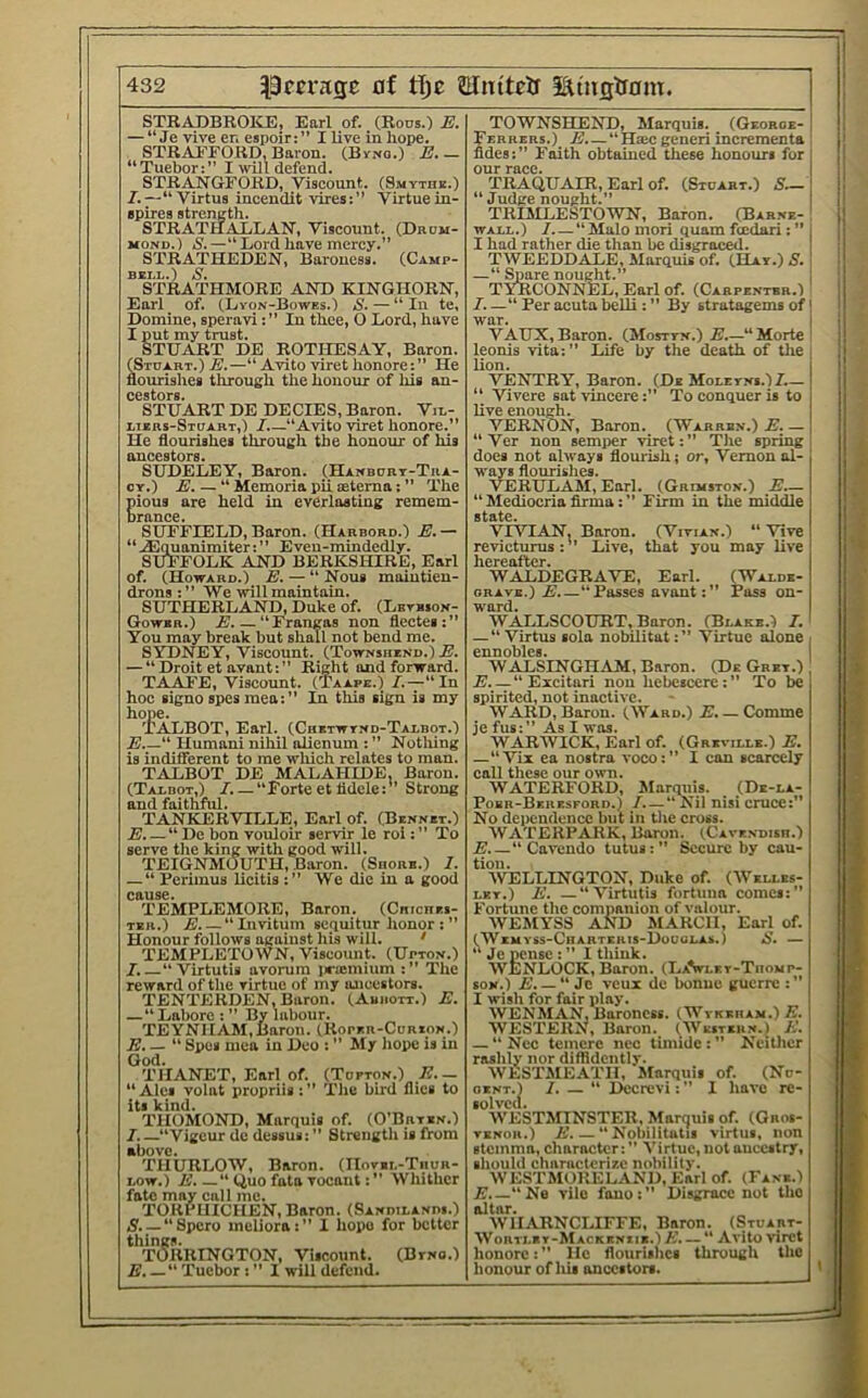 STRADBROKE, Earl of. (Rons.) E. — “ Je vive en espoir:” lUveinhope. STRAl’FORD, Baron. (Bvno.) E.— “Tuebor:” I will defend. STRANGFOKD, Viscount. (Smythb.) I.—“ Virtus incendit vires:” Virtuein- epires strength. STRATHAELAN, Viscount. (Drom- MOND.) S.—“Lord have mercy.” STRATHEDEN, Baroness. (Camp- BBI.I,.) S. STRATHMORE AND KINGHORN, Earl of. (Lyon-Bowes.) S. — “In te, Domine, speraviIn thee, 0 Lord, have I put my trust. STUART DE ROTHESAY, Baron. (Stuart.) E.—“ Avito viret honore:” He flourishes through the honour of his an- cestors. STUART DE DECIES, Baron. Vn.- librs-Stuart,) /.—“Avito viret honore.” He flourishes through the honour of his ancestors. SUDELEY, Baron. (Hanbort-Tra- CY.) E. — “ Memoria pii astema: ” The pious are held in everlasting remem- brance. SUFFIELD, Baron. (Harbord.) E.— “^Equanimiter:” Evcn-mindedly. SUFFOLK AND BERKSHIRE, Earl of. (Howard.) E. — “Nous maintien- drons:” We will maintain. SUTHERLAND, Duke of. (Lbtbson- Gowbh.) E “Frangas non flcctes:” You may break but shall not bend me. SYDNEY, Viscount. (Townshbnd.) E. — “ Droit et avant: ” Right and forward. TAAFE, Viscount. (Taape.) I.—“In hoc signo spes raea: ” In this sign is my hope. TALBOT, Earl. (CHBTwrp<D-TAi.BOT.) E “ Human! nihil ahenum : ” Notliing is indifferent to me which relates to man. TALBOT DE MALAHIDE, Baron. (Tadbot,) I. — “Forte et lidelc:” Strong and faithful. TANKERVILLE, Earl of. (Bbnret.) E. —“De bon vouloir servir le roiTo serve tlie king with good will. TEIGNMOUTH, Baron. (Shorb.) I. — “ Ferimus Ueitis We die in a good CQ>US6« TEMPLEMORE, Baron. (Chicbei- TER.) E “Livitum sequitur honor : ” Honour follows agaiust his will. ' TEMPLETOWN, Viscount. (Upton.) I. “ Virtutis avorum i«-a:mium :” The reward of the virtue of my ancestors. TENTERDEN, Baron. (Abbott.) E. —“ Lahore : ” By labour. TEYNHAM,Baron. (Koper-Curion.) E. — “ Spes mca in Deo : ” Aly hope is in God. THANET, Earl of. (Toeton.) E. - “Ales volat propriis The bird flics to its kind. THOMOND, Marquis of. (0 Brtbn.) I. —“Vigeur de dessus: Strength is fVom above. THURLOW, Baron. (Hovel-Tiiub- Bow.) E. — “ Uuo fata TocantWhither fate may call me. TORPIIICHEN, Baron. (SAWDitANns.) 5. — “Spero meliora:” I hope for better things. TORRINGTON, Viscount. (Bvno.) E. Tuebor : ” I will defend. TOWNSHEND, Marquis. (Gboroe- Ferbers.) E “ H®c generi incrementa fldes:” Faith obtained these honours for our race. TRAQUAIR, Earl of. (Stuart.) “Judge nought.” TRlMLESTOWN, Baron. (Babne- WAEL.) I “ Malo mori quam feedari: ” I had rather die than be disgraced. TWEEDDALE, Marquis of. (Hat.) S. —“ Spare nought.” TYHCONNEL, Earl of. (Cabpentbb.) I. —“ Per aeuta belli: ” By stratagems of war. VAUX, Baron. (Mosttn.) E “Morte leonis vita:” Life by the death of tlie lion. VENTRY, Baron. (De Moletns.)/.— “ Vivere sat vincere:” To conquer is to live enough. VERNON, Baron. (Warrbn.) E. — “ Ver non semper viret:” The spring does not always flourish; or, Vernon al- ways flourishes. VERULAM, Earl. (Grimston.) E.— “ Mediocria firma: ” Firm in the middle state. VI VIAN, Baron. (Vivian.) “ Vive revicturus: ” Live, that you may live hereafter. WALDEGRAVE, Earl. (Waede- GRAVE.) E.—“ Passes avant: ” Pass on- ward. WALLSCOURT, Baron. (Beaks.) I, — “Virtus sola nobilitat:” Virtue alone ennobles. WALSINGHAM, Baron. (De Gret.) E. — “ Excitari non hebescere: ” To be spirited, not inactive. WARD, Baron. (Ward.) E. — Comme je fus:” As I was. WARAVICK, Earl of. (Grevileb.) E. —“Vix ea nostra voco:” I can scarcely call these our own. WATERFORD, Marqiiis. (De-ea- Poer-Beresford.) I.—“Nil nisi cruce:” No deiiendence but in the cross. WATERPARK, Baron. (Cavendish.) E. —“Cavendo tutus:” Secure by cau- tion. WELLINGTON, Duke of. (Wkeees- LET.) E. —“Virtutis fortuna comes:” Fortune the companion of valour. WEMYSS AND hlAKCll, Earl of. (Wemvss-Ciiarteris-Dooueas.) S. — “ Jc pense: ” I think. WBNLtiCK, Baron. (LaVeet-Thovp- BON.) E. — “ Jc veux de bonne guerre : ” I wish for fair play. WENMAN. Baroness. (Wvkeram.)E. WESTERN, Baron. (Western.) E. — “ Nee temcre ncc timidc : ” Ncitlicr rashly nor diffidently. WESTMEATH, Marquis of. (Nu- gent.) /. — “ Decrevi: ” 1 have re- solved. WESTMINSTER, Marquis of. (Giios- TENOB.) E. — “Nobilitatii virtus, non stcmma, character:” Virtue,notauecstry, should characterize nobility. WESTMORELAND, Earl of. (Fane.) E.—“Ne vile fono:” Disgrace not the altar. WHARNCLIFFE, Baron. (Stuart- Worti.et-Mackenbie.) E. — ** Avito viret honore:” He flourishes through the honour of Iiis ancestors.