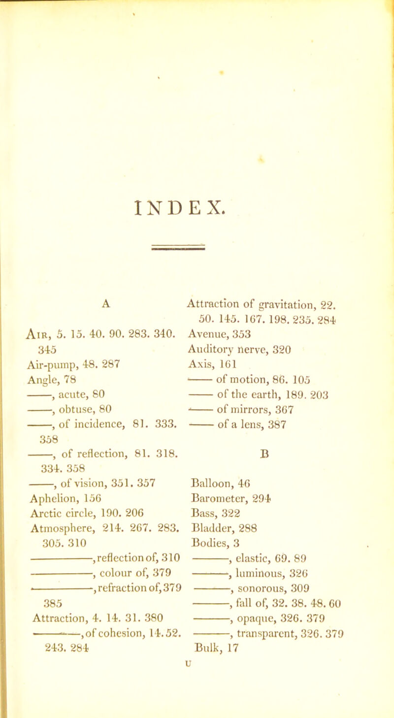 INDEX A Atr, 5. 15. 40. 90. 283. 340. 345 Air-pump, 48. 287 Angle, 78 , acute, 80 , obtuse, 80 , of incidence, 81. 333. 358 , of reflection, 81. 318. 334. 358 , of vision, 351. 357 Aphelion, 156 Arctic circle, 190. 206 Atmosphere, 214. 267. 283. 305. 310 , reflection of, 310 , colour of, 379 ■ -, refraction of, 37 9 385 Attraction, 4. 14. 31. 380 ,of cohesion, 14.52. 243. 284 Attraction of gravitation, 22. 50. 145. 167. 198.235.284 Avenue, 353 Auditory nerve, 320 Axis, 161 ^ of motion, 86. 105 of the earth, 189. 203  of mirrors, 367 of a lens, 387 B Balloon, 46 Barometer, 294 Bass, 322 Bladder, 288 Bodies, 3 , elastic, 69. 89 , luminous, 326 , sonorous, 309 , fall of, 32. 38. 48. 60 , opacpie, 326. 379 , transparent, 326. 379 Bulk, 17 u