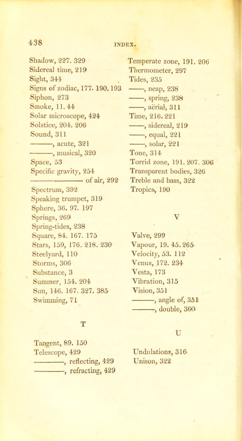 INDEX Shadow, 227. 329 Sidereal time, 219 Sight, 344 Signs of zodiac, 177. 190.193 Siphon, 273 Smoke, 11.44 Solar microscope, 424 Solstice, 204. 206 Sound, 311 , acute, 321 , musical, 320 Space, 53 Specific gravity, 254 of mr, 292 Spectrum, 392 Speaking trumpet, 319 Sphere, 36. 97. 197 Springs, 269 Spring-tides, 238 Square, 84. 167. 175 Stars, 159, 176. 218. 230- Steelyard, 110 Storms, 306 Substance, 3 Summer, 154. 204 Sun, 146. 167. 327. 385 Swimming, 71 T Tangent, 89. 150 Telescope, 429 , reflecting, 429 , refracting, 429 Temperate zone, 191. 206 Thermometer, 297 Tides, 235 , neap, 238 , spring, 238 aerial, 311 Time, 216.221 , sidereal, 219 , equal, 221 , solar, 221 Tone, 314 Torrid zone, 191. 207. 306 Transparent bodies, 326 Treble and bass, 322 Tropics, 190 V Valve, 299 Vapour, 19.45.265 Velocity, 53. 112 Venus, 172. 234 Vesta, 173 Vibration, 315 Vision, 351 , angle of, 351 r, double, 360 U Undulations, 316 Unison, 322