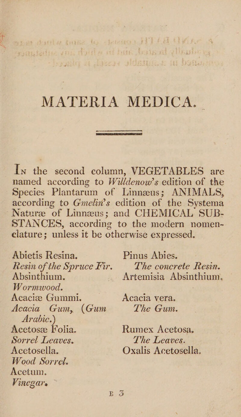 MATERIA MEDICA. | In the second column, VEGETABLES are named according to Willdenow’s edition of the Species Plantarum of Linneus; ANIMALS, according to Gmelin’s edition of the Systema Nature of Linnzeus; and CHEMICAL SUB- STANCES, according to the modern nomen- clature; unless it be otherwise expressed, Abietis Resina. Absinthium. Wormwood. Acaciz Gummi. Acacia Gum, (Gum Arabic.) Acetosze Folia. Sorrel Leaves. Acetosella. Wood Sorrel. Acetum. Vinegars Pinus Abies. The concrete Resin. Artemisia Absinthium. Acacia vera. The Gum. Rumex Acetosa. The Leaves. Oxalis Acetosella. Q