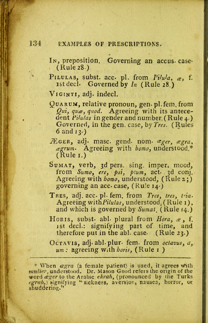 In, preposition. Governing an accus. case- (Rule 28) Pi LULAS, subst. acc. pi, from PHula, cs, f. istdecl. Governed by (Rule 28.) ViGinti, adj. indecl. Quarum, relative pronoun, gen-pi.fern, from Qui, qvis, quod. Agreeing with its antece- dent Pilulas in gender and number.(Rule4 ) Governed, in the gen. case, byrr^j. (Rules 6 and 13-) adj. masc. gend. nom- cogra., (Egrum. Agreeing with homo, understood.* (Rule I.) SuMAT, verb, 3d pers. sing, imper. mood, from Sumo, ere, psi, ptum, act. 3d conj. Agreeing with homo, understood, (Rule2;) governing an acc. case, (Rule 14.) Tres, adj. acc. pl. fern, from Tres, tres, t^ia> Agreeing w'lXhPilulas, understood,(Rule i), and which is governed by Sumat^ (Rule 14.) Horis, subst. abl- plural from Hora, ce, f. jst decl.: signifying part of time, and therefore put in the abl. case. (Rule 23.) OcTAVis, adj. abl. plur. fern, from octavus, a,, um : agreeing with horis, (Rule i ) * When ce^'ra (a female patient) is used, it agrees With, mulier, understood. Dr. Mason Good refers the origin of the word to the Arabic (pronounced by ihe Turks /?gr«/(,) signifying “sickness, aversion, nausea, horror, on. shuddering.”