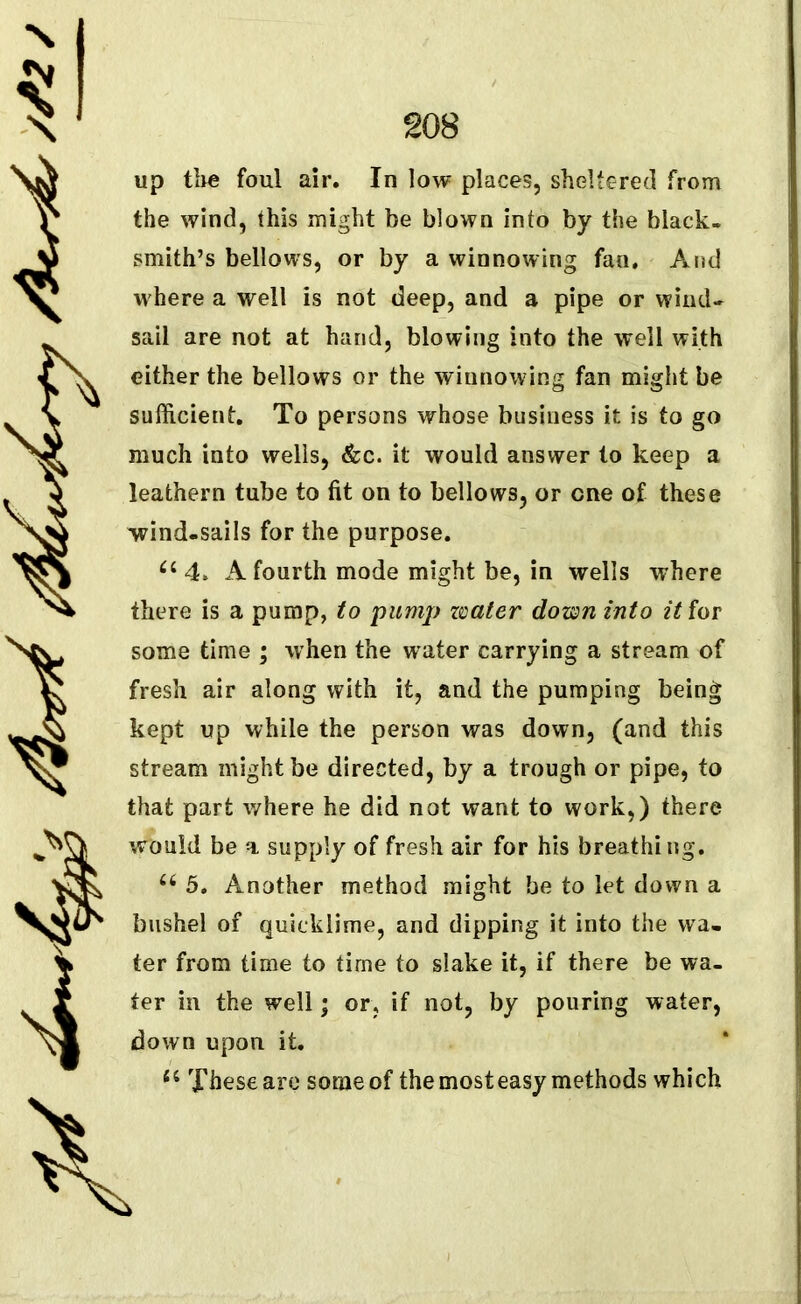 up the foul air. In low places, sheltered from the wind, this might be blown into by the black- smith’s bellows, or by a winnowing fan. And w here a well is not deep, and a pipe or wiiul- sail are not at hand, blowing into the well with either the bellows or the winnowing fan might be sufficient. To persons whose business it is to go much into wells, &c. it would answer to keep a leathern tube to fit on to bellows, or one of these wind-sails for the purpose. 44 4. A fourth mode might be, in wells where there is a pump, to pump water down into itio? some time ; when the water carrying a stream of fresh air along with it, and the pumping being kept up while the person was down, (and this stream might be directed, by a trough or pipe, to that part where he did not want to work,) there would be a supply of fresh air for his breathing. 44 5. Another method might be to let down a bushel of quicklime, and dipping it into the wa- ter from time to time to slake it, if there be wa- ter in the well; or, if not, by pouring water, down upon it. 44 These are some of the most easy methods which