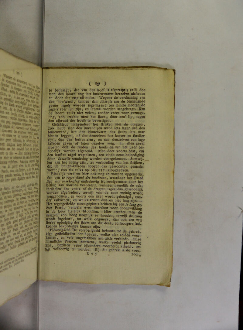 ïfSSii fel»ï ■< <^««i«i <ierrm«r'eSr^ « arijffl va i« ^ J t ?Miie ulkonaij ie icki.pi 'u Doet eenlpuu bp 'ulkoentii kita Kivi' w b H)o^ kun ea (k ae Mrt te zijn, - ]}ooi zook^:«' en fóót a arttervoetialwkujk liuoiiea «rhelpen. SoBW)len 5Wi«f J nn dit jebiek éu in k purdi, dow den Rw- 10? «lodu wortl».. >., !ik eaif «/W, * I»»; w lOO K»^ '^iC!'^ ‘< C <57 ) te bedraagt, dat van den hoef is afgeraspt $ zelfs doe men den hoorn nog iets buitenwaarts hetzelve uitfteken en door den rasp afronden. Wegens de verdunning van den hoefwand , kunnen dan dikwijls aan de binnenzijde geene nagels worden ingetlagen; ten minde moeten de nagels zeer fijn zijn, en Ithraal worden aangebragt. Kan de hoorn zulks niet velen, zonder vrees voor vernage- ling, zoo trachte men het ijzer, door een’ lip, tegen den zijwand des hoefs te bevestigen. Gefchiedt integendeel het ftrijken met de dragten, zoo fnijde men den inwendigen wand iets lager dan den buitenwand, late den binnen-arm des ijzers iets naar binnen leggen, of doe denzelven iets korter en fmaller zijn, dan den buiten-arra, en aan denzelven een lage kalkoen geven of laten dezelve weg. In allen geval moeten ook de randen des hoefs en van het ijzer be- hoorlijk worden afgerond. Men doet voorts best, om den laatllen nagel wegtelaten, ten einde eene beleediging door deszelfs omnieting worden voorgekomen. Somwij- len kan het nuttig zijn, ter verhoeding van het ftrijken,^ dat de buiten-kalkoen hooger dan gewoonlijk gemaakt wordt,'zoo als zulks op blz. 117 is opgegeven. Eindelijk verdient hier ook nog te worden opgemerkr, dat een ie regie fland des kooibeens, waardoor het Paard ligt aan overkooting onderhevig is, eenigermate door hec beflag kan worden verbeterd, wanneer namelijk de ach- lerdeelen des voets of de dragten lager dan gewoonlijk worden afgefneden, terwijl van de toon weinig worde weggenomen, en voorts een ijzer wordt gebezigd, zon- der kalkoenen , en welks armen dun en niet lang zijn. Het tegengellelde moe: geplaats hebben bij een ie lang ge- kooi Paard, hetwelk even daardoor voor doorzwikkfng in de koot ligtelijk blootftaat. Hier trachte men de dragten zoo hoog mogelijk te houden, terwijl de toon wordt ingekort, tot welk oogmerk, dan ook een vrij fterke opbuiging des ijzers aan dit deel, eu hoogere kal- koenen bevorderlijk kunnen zijn. Volvoeiigheid. De volvoetigheid behoort tot de gebrek- kige gefteldheden der hoeven, welke niet zelden voor- komen, en vele ongemakken aan zich verbindt. Onze  inlandfche Paarden trouwens, welke veelal plathoevig zijn, bezitten eene bijzondere voorbefchiktheid, om ligt volhoevig te worden. Bij dit gebrek is de voet- E e 5 . zool 5