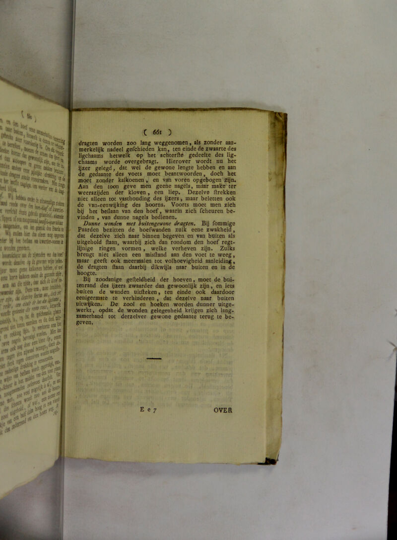 j ’ «« M||(ji, MJitttn I onder de uit, Bcu [iwyeflj of wet tde jiM(lei|(l<i ïUchdeilMf^- 5, moet iDiJtddelJ/ c!» iw, ï/wff, tówk ’èiideelw’-' ■korte aio ia. Meoto -rts i.1®- C <söi ) dragten worden zoo lang weggenomen, als zonder aan- merkelijk nadeel gefchieden kan, ten einde de zwaarte des ligchaams hetwelk op het achterfte gedeelte des lig- chaams worde overgebragt. Hierover wordt nu het yzer gelegd, dat wel de gewone lengte hebben en aan de gedaante des voets moet beantwoorden, doch het moet zonder kalkoenen, en van voren opgebogen zijn. Aan den toon geve men geene nagels, maar make ter weerszijden der kloven, een liep. Dezelve ftrekken niet alleen tot vasthouding des ijzers ■, maar beletten ook de van-eenwijking des hoorns. Voorts moet men zich bij het beflaan van den hoef, waarin zich fcheuren be- vinden , van dunne nagels bedienen. Dunne wonden met buitengewone dragten. Bij fommige Paarden bezitten de hoefwanden zulk eene zwakheid, dat dezelve zich naar binnen begeven en van buiten als uitgehold ftaan, waarbij zich dan rondom den hoef regt- lijnige ringen vormen, welke verheven zijn. Zulks brengt niet alleen een misftand aan den voet te weeg, maar geeft ook meermalen tot volhoevigheid aanleiding, de dragten liaan daarbij dikwjjls naar buiten en in de hoogte. Bij zoodanige gefteldheid der hoeven, moet de bui- tenrand des ijzers zwaarder dan gewoonlijk zqn, en iets buiten de wanden uitfteken, ten einde ook daardoor eenigermate te verhinderen , dat dezelve naar buiten uitwijken. De zool en hoeken worden dunner uitge- werkt, opdat de wonden gelegenheid krijgen zich lang- zamerhand tot derzelver gewone gedaante terug te be- geven. V - '