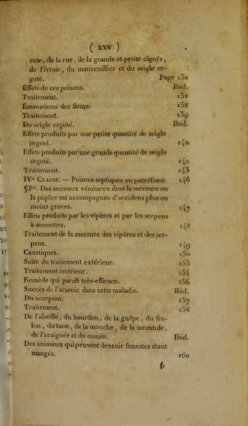 I [ l 3 s ;3 il 13 D si 0 s; s; 3 V ’ ( XXV ) rose, de la rue, de la grande et petite ciguës, de l’ivraie, du mancenillier et du seigle er- goté. Page mû Effets de ces poisons. Ibid. Traitement. Émanations des fleurs. *38 Traitement. ï3g Du seigle ergoté. Ibid. Effets produits par une petite quantité de seigle ergoté. i4» Effets produits par une grande quantité de seigle ergoté. 142 Traitement. 143 IVe Classe. — Poisons septiques ouputrefians. 146 §Ier. Des animaux vénéneux dont la morsure ou la piqûre est accompagnée d’accidens plus ou moins graves. 1^ Effets produits par les vipères et par les serpens à sonnettes. 1^8 Traitement de la morsure des vipères et des ser- pens. j 4g Caustiques. i5o Suite du traitement extérieur. i55 Traitement intérieur. i54 Remède qui paraît très-efficace. i56 Succès de l’arsenic dans celte maladie. Ibid. Du scorpion. Traitement. 158 De 1 abeille, du bourdon . de la guêpe , du fre- lon , du taon , de la mouche , de la tarentule, de l’araignée et du cousin. Ibid. Des animaux quipeuvent devenir funestes étant mangés. ,60 b