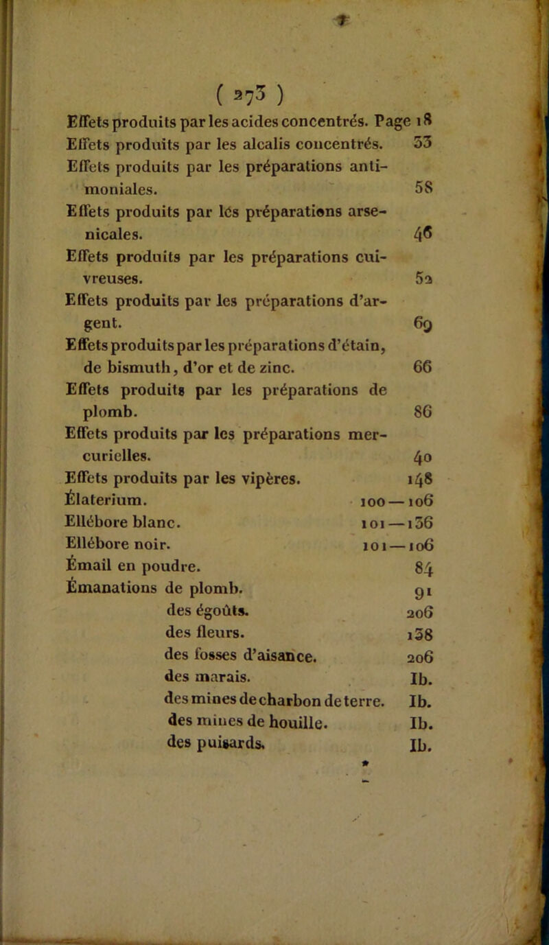 Effets produits par les acides concentrés. Page 18 Effets produits par les alcalis concentrés. 53 Effets produits par les préparations anti- moniales. 5 S Effets produits par lés préparations arse- nicales. 4® Effets produits par les préparations cui- vreuses. 5 a Effets produits par les préparations d’ar- gent. 6g Effets produitspar les préparations d’étain, de bismuth, d’or et de zinc. 66 Effets produits par les préparations de plomb. 86 Effets produits par les préparations mer- curielles. 40 Effets produits par les vipères. 148 Élaterium. 100 —106 Ellébore blanc. 101 —136 Ellébore noir. 101 —106 Émail en poudre. 84 Émanations de plomb. gi des égoûts. 206 des fleurs. i38 des lusses d’aisance. 206 des marais. Ib. desminesdecharbondeterre. Ib. des mines de houille. Ib. des puisards. Ib.