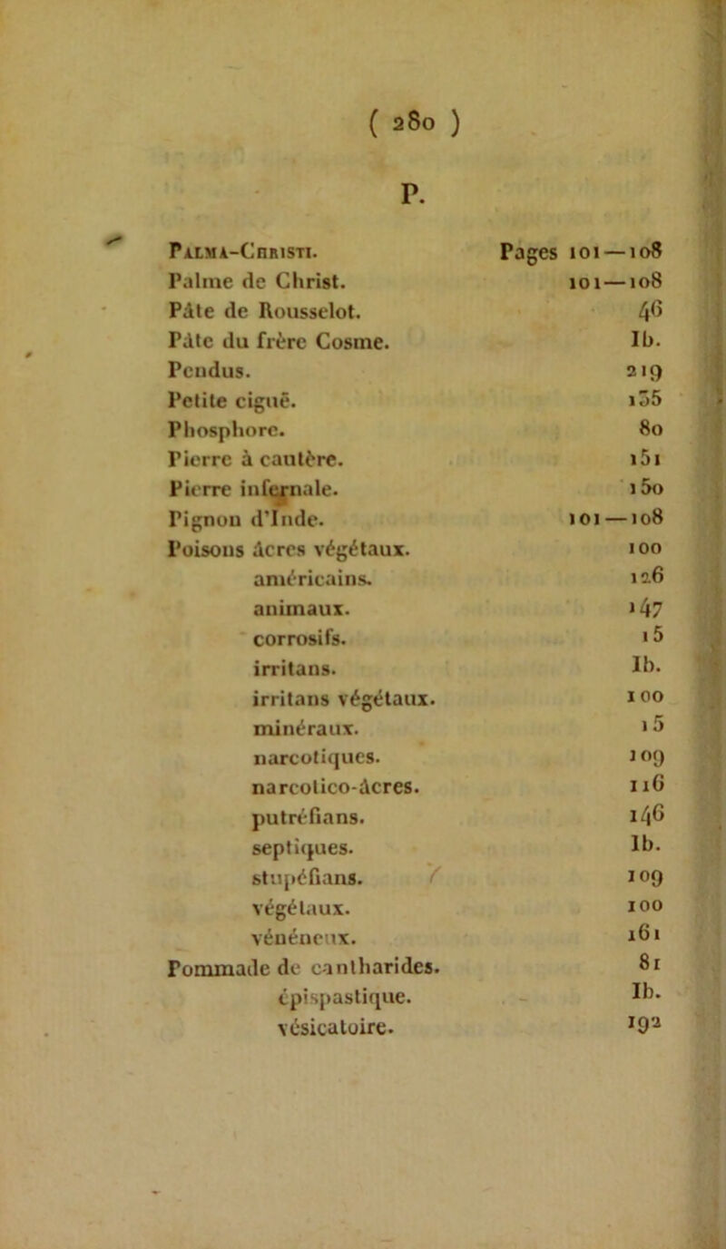 P. P ALM A—CllRlSTI. Pages ioi —108 Palme de Christ. 101 —108 Pâle de Rousselot. 46 Pâle du frère Cosme. Ib. Pendus. 219 Pelile ciguë. IÔ5 Pliosphorc. 80 rierre à cautère. 151 Pierre infernale. 15o Pignon d’Inde. 101 —108 Poisons âcres végétaux. 100 américains. 12.6 animaux. >47 corrosifs. 15 irritans. 1b. irritans végétaux. j 00 minéraux. 15 narcotiques. 109 narcolico-âcres. 11G putréfians. 146 septiques. 1b. stupéfians. 109 végétaux. 100 vénéneux. 161 rommade de cantharides. 8r épispastique. . - Ib. vésicatoire. 192