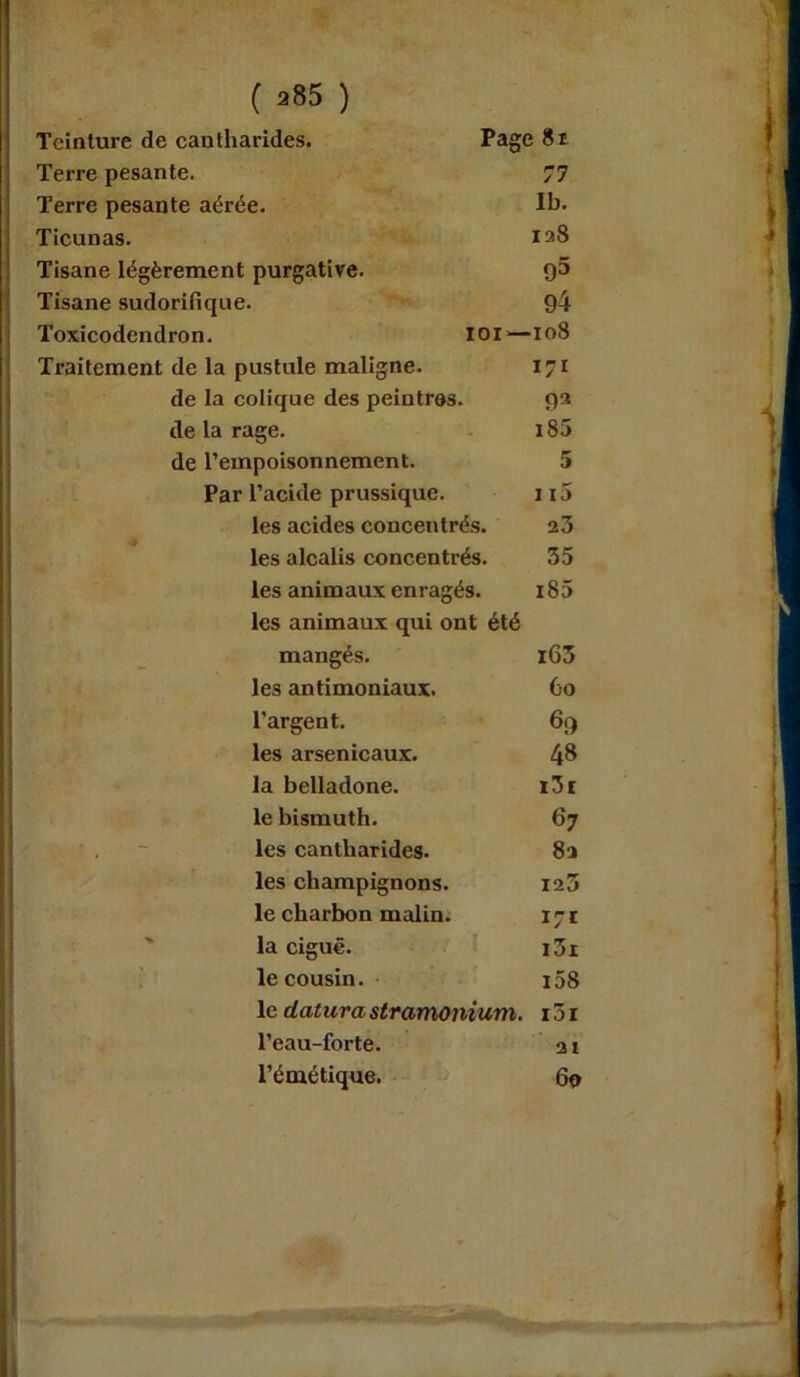 Teinture de cantharides. Page 8t Terre pesante. 77 Terre pesante aérée. Ib. Ticunas. 128 Tisane légèrement purgative. q5 Tisane sudorifique. 94 Toxicodendron. loi—108 Traitement de la pustule maligne. 171 de la colique des peintres. 92 de la rage. i85 de l’empoisonnement. 5 Par l’acide prussiquc. 115 les acides concentrés. 23 les alcalis concentrés. 35 les animaux enragés. i85 les animaux qui ont été mangés. l63 les antimoniaux. 60 l’argent. 69 les arsenicaux. 48 la belladone. i3r le bismuth. 67 , ~ les cantharides. 82 les champignons. 125 le charbon malin. 171 la ciguë. i3i le cousin. i58 le datura stramonium. 131 l’eau-forte. a t l’émétique. 60 1* -1 Ttawr—