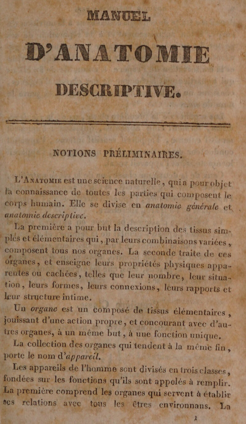 . y à > ti Ta. ” F, “MANUEL | + * : F mn 4 V* {4 M DEA 1.8 -D'ANATOMIE a + Leu =NOTIONS PRÉLCIMINAIRES. | L'Axaïoms est une science naturelle, quia pour objet la connaissance de. toutes les parties qui com posent le &amp; anatomie descriptive. La LE. à « Q . . . La première a pour but la description des tissus sim- plès et'élémentaires qui, par leurs combinaisons variées . } \ organes et enseigne leurs propriétés physiques appas : rentés où cachées, telles que leur nombre, leur situa- tion, leurs formes, leurs connexions, léurs rapports et leur strycture intime, ; Ai Un organe est un composé de tissus élémentaires , jouissant d’une action propre, el Concourant avec d’au- ires Organes, à un même but, à une fonction unique, porte le nom d'appareil, - Les appareils de l’homme sont divisés en trois classes : La premitre comprend les organes qui servent à établir ses relations avec tous les êtres environnans, La à er 6 2 UE | “