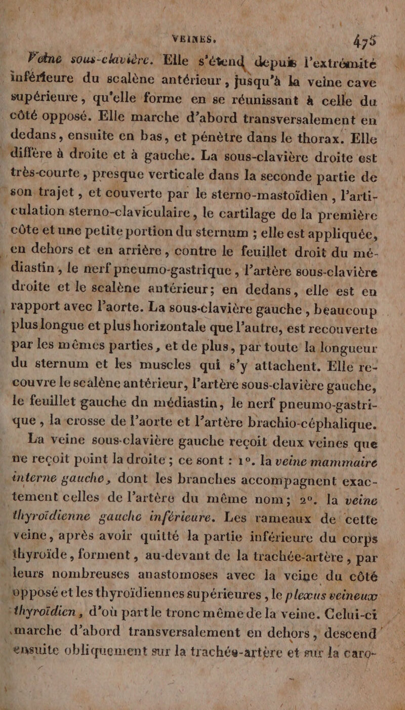 Poine sous-chavière. Elle s’éten depuis l'extrémité inférieure du scalène antérieur , jusqu’à la veine cave supérieure , qu'elle forme en se réunissant à celle du côté opposé. Elle marche d’abord transversalement en dedans , ensuite en bas, et pénètre dans le thorax. Elle * diffère à droite et à gauche. La sous-clavière droite est Rimcourte &gt; Presque verticale dans la seconde partie de son trajet , et couverte par le stérno-mastoïdien , larti- culation sterno-claviculaire, le cartilage de la première côte et une petite portion du sternum ; elle est appliquée, en dehors et en arrière, contre le feuillet droit du mé- diastin , le nerf preumo-gastrique , l’artère sous-clavitre droite et le scalène antérieur; en dedans, elle est en , rapport avec laorte. La sous-clavière gauche, beaucoup plus longue et plus horizontale que l’autre, est recouverte par les mêmes parties, et de plus, aa toute la longueur du sternum et les muscles qui s’y attachent. Elle re- couvre le scalène antérieur, l'artère sous-clavière gauche, le feuillet gauche dn médiastin, le nerf pneumo-gastri- que , la-crosse de l’aorte et l’artère brachio-céphalique. La veine sous-clavière gauche reçoit deux veines que ne reçoit point la droite ; ce sont : 1°. la veine mammaire interne gauche, dont les branches accompagnent exac- tement celles de l'artère du même nom; 20. la veine thyroïdienne gauche inférieure. Les rameaux de cette veine, après avoir quitté la partie inférieure du corps . thyroïde, forment , au-devant de la trachée: artère, par leurs nombreuses anastomoses avec la veine du côté wpposé et les thyroïdiennes supérieures , le pleœus veineux Hhyroïdien, d’où partle tronc même de la veine. Celui-ci «marche d’abord transversalement en dehors ; descend” ensuite obliquement sur la trachée-artère et sur la caro-