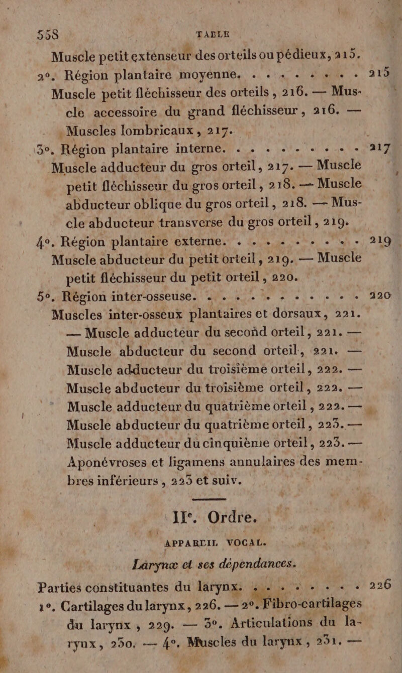 Muscle petit exténseut des orteils ou pédieux, 215. - Région plantaire moyenne, . . . . + + . . 219 Muscle petit fléchisseur des orteils , 216. — Mus- cle accessoire du grand fléchisseur, 216. — : Muscles lombricaux, 217. | 3°. Région plantaire interne. . . : . . . . + - 217 Muscle adducteur du gros orteil, 217. — Muscle petit fléchisseur du gros orteil , 218. — Muscle abducteur oblique du gros orteil, 218. — Mus- cle abducteur transverse du gros orteil, 219. 4°. Région plantaire externe. . . . - . + . « - 219. Muscle abducteur du petit orteil , 219. — Muscle petit fléchisseur du petit orteil , 220. 5°. Région inter-osseuse. « . + + + + + + + + + 120 Muscles inter-osseux plantaires et dorsaux, 221. — Muscle adducteur du secoùd orteil, 221. — Muscle abducteur du second orteil, 221. LA Muscle adducteur du troisième orteil, 222. — Muscle abducteur du troisième orteil, 222. — Muscle adducteur du quatrième orteil , 222. in Muscle abducteur du quatrième orteil, 223.— Muscle adducteur du cinquième orteil, 223. — Aponévroses et ligamens annulaires des mem- bres inférieurs , 225 et suiv. ni Ordre. APPARDIT VOCAL. v\ Lärynæ et ses dépendances. Parties constituantes du larynx. àg. ses 220 1°. Cartilages du larynx, 226, — 20. FA urtiinges du larynx, 229. — 5°. Articulations du la- rynx, 250, — 4°. Muscles du larynx 231. —