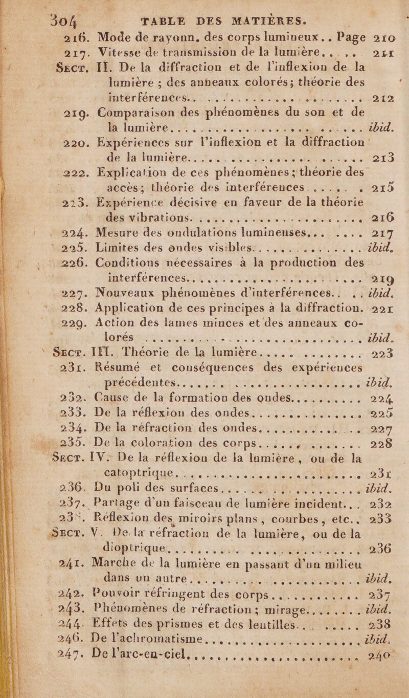 216. Mode de rayonn, des corps lumineux. . Page 217. Vitesse de transmission de la lumière, ..,. Secr. II. De la diffraction et de l’inflexion de la lumière ; des anheaux colorés; théorie des ter férnenéesss ss 14 eh same le à 0 0 219. Comparaison des phénomènes du son et de M 'lunieres M à tu ie RU NET 220. Expériences sur l’inflexion et la diffraction dé: lalumiere...t. 4 8 Re ET ne 222. Explication de ces phénomènes ; théorie des accès; théorie des interférences ...,. 213. Expérience décisive en faveur de la théorie Maaibrations icons dei Mie LT 224. Mesure des ondulations lumineuses... .... 225. Limites des ondes visibles... ..,...,...... 226. Conditions nécessaires à la production des IAterférencess 240 MNT EIRE SE 27. Nouveaux phénomènes d'interférences.. , . 228. Application de ces principes à la diffraction. 229. Action des lames minces et des anneaux co- lens se ns ts RSR RE CUT D UE ‘ Sec. JET. Théorie de la lumière..... ...,.,.., 231. Résumé et conséquences des expérieuces nipéédentes. it LE SRE 5 252. Cause de la formation des oudes.......... 233. De la réflexion des ondes........:...... 234. De la réfraction des ondes. .,,....... .. #%235.:Dela coloration des corps... sua ... - Secr. IV. De la réflexion de la lamière, ou de la CROPORIQUE Su. no eus bi SU UNNER. à 230: Dupoli des surfaces... ENS 237. Partage d’un faisceau de lumière incident. . _23*, Réflexion des miroirs plans, courbes, etc.. .SEcT. V. De,la réfraction de la lumière, ou de la diéhiriquen. Lis 4h2S ST Net 4 241. Marche de la lumière en passant d'un milieu dsuniautre NF ac dt 1e RE à :.242. Pouvoir réfringent des corps. ....:...... : 243. Phénomènes de réfraction ; mirage, .. ee 244. Effets des prismes et des lentilles... ..... 240.) DE lSchiromatiqne..!.,: 1 ENS 247. De larc-entcieli;,,., ie NUE ARR 7 + 210 2Ix 212 zhid. 213 219 216 217 ibid. 219 ibid. 221 ibid. 223 ibid. 224. 225 227 226 231 ibid. 232 233 236 ibid, 237 did. 238 thid. 240 «