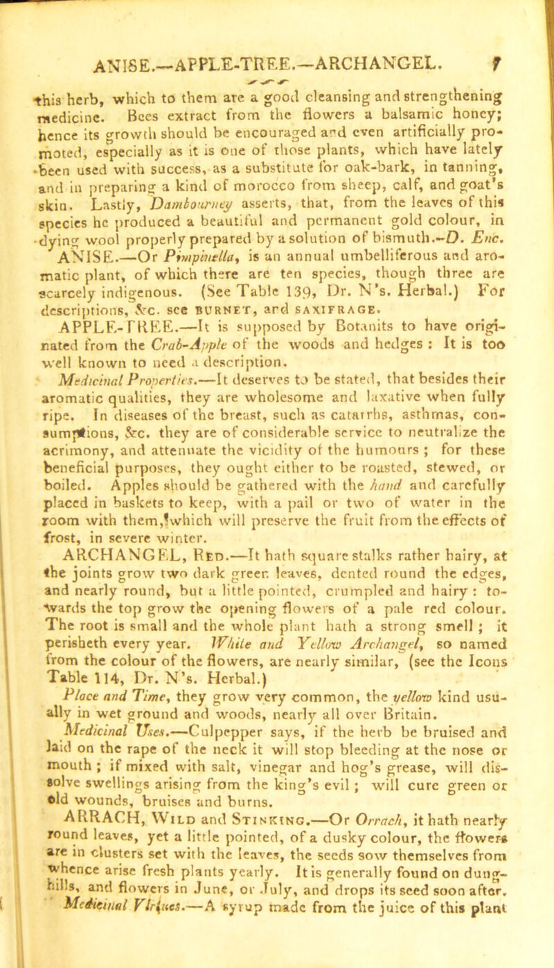 ^ ^ ■*- this herb, which to them are a gooil cleansing and strengthening medicine. Bees extract from the flowers a balsamic honey; hence its growth should be encouraged ad even artificially pro- moted, especially as it is one of those plants, which have lately •been used with success, as a substitute for oak-bark, in tanning, and in preparing a kind of morocco from sheep, calf, and goat’s skin. Lastly, Da.mbou.rney asserts, that, from the leaves of this species he produced a beautiful and permanent gold colour, in •dying wool properly prepared byasolution of bismuth.~D. End. ANISE.—Or Pimpinella, is an annual umbelliferous and aro- matic plant, of which there are ten species, though three are scarcely indigenous. (See Table 139» Or. N’s. Herbal.) Tor descriptions, ,Vc. see burnet, ard saxifrage. APPLE-TREE.—It is supposed by Botanits to have origi- nated from the Crab-Apple of the woods and hedges : It is too well known to need a description. Medicinal Properties.—It deserves to be stated, that besides their aromatic qualities, they are wholesome and laxative when fully ripe. In diseases of the breast, such as catarrhs, asthmas, con- sumptions, &c. they are of considerable service to neutralize the acrimony, and attenuate the vicidity of the humours ; for these beneficial purposes, they ought either to be roasted, stewed, or boiled. Apples should be gathered with the hand and carefully placed in baskets to keep, with a pail or two of water in the room with them,!which will preserve the fruit from the effects of frost, in severe winter. ARCHANGEL, Red.—It hath square stalks rather hairy, at the joints grow two dark green leaves, dented round the edges, and nearly round, but a little pointed, crumpled and hairy : to- wards the top grow the opening flowers of a pale red colour. The root is small and the whole plant hath a strong smell ; it perisbeth every year. White and Yellow Archangel, so named from the colour of the flowers, are nearly similar, (see the Icons Table 114, Dr. N’s. Herbal.) Place and Time, they grow very common, the yellow kind usu- ally in wet ground and woods, nearly all over Britain. Medicinal Uses.—Culpepper says, if the herb be bruised and laid on the rape of the neck it will stop bleeding at the nose or mouth ; if mixed with salt, vinegar and hog’s grease, will dis- solve swellings arising from the king’s evil : will cure green or ©Id wounds, bruises and burns. ARRACH, Wild and Stinking.—Or Orrach, it hath nearly round leaves, yet a little pointed, of a dusky colour, the flowers are in clusters set with the leaves, the seeds sow themselves from whence arise fresh plants yearly. It is generally found on dung- hills, and flowers in June, or July, and drops its seed soon after. Medicinal Virtues.—A syrup made from the juice of this plant