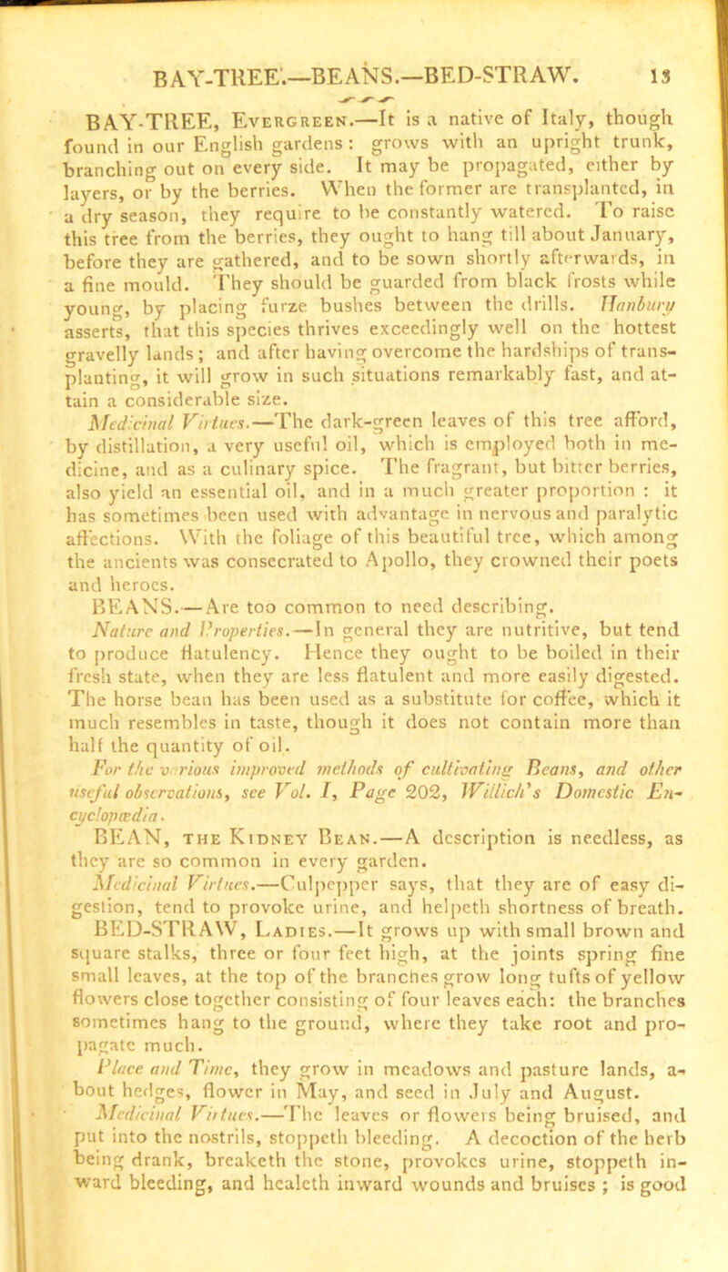 BAY-TREE, Evergreen.—It is a native of Italy, though found in our English gardens : grows with an upright trunk, branching out on every side. It may be propagated, either by layers, or by the berries. When the former are transplanted, in a dry season, they require to be constantly watered. To raise this tree from the berries, they ought to hang till about January, before they are gathered, and to be sown shortly afterwards, in a fine mould. They should be guarded from black frosts while young, by placing furze bushes between the drills. Hanbury asserts, that this species thrives exceedingly well on the hottest gravelly lands ; and after having overcome the hardships of trans- planting, it will grow in such situations remarkably fast, and at- tain a considerable size. Medicinal Virtues.—The dark-green leaves of this tree afford, by distillation, a very useful oil, which is employed both in me- dicine, and as a culinary spice. The fragrant, but bitter berries, also yield an essential oil, and in a much greater proportion : it has sometimes been used with advantage in nervous and paralytic affections. With the foliage of this beautiful tree, which among the ancients was consecrated to Apollo, they crowned their poets and heroes. BEANS.— Are too common to need describing. Nature and Properties. — In general they are nutritive, but tend to produce flatulency. Hence they ought to be boiled in their fresh state, when they are less flatulent and more easily digested. The horse bean has been used as a substitute for coffee, which it much resembles in taste, though it does not contain more than halt the quantity of oil. For the v rious improved methods of cultivating Beans, and other useful observations, see Vol. I, Page 202, Willicli s Domestic En- cyclopedia. BEAN, the Kidney Bean.—A description is needless, as they are so common in every garden. Medicinal Virtues.—Culpepper says, that they are of easy di- gestion, tend to provoke urine, and helpeth shortness of breath. BED-STRAW, Ladies.—It grows up with small brown and square stalks, three or four feet high, at the joints spring fine small leaves, at the top of the branches grow long tufts of yellow flowers close together consisting of four leaves each: the branches sometimes hang to the ground, where they take root and pro- pagate much. Place and Time, they grow in meadows and pasture lands, a- bout hedges, flower in May, and seed in July and August. Medicinal Virtues.—The leaves or flowers being bruised, and put into the nostrils, stoppeth bleeding. A decoction of the herb being drank, breaketh the stone, provokes urine, stoppeth in- ward bleeding, and healeth inward wounds and bruises ; is good